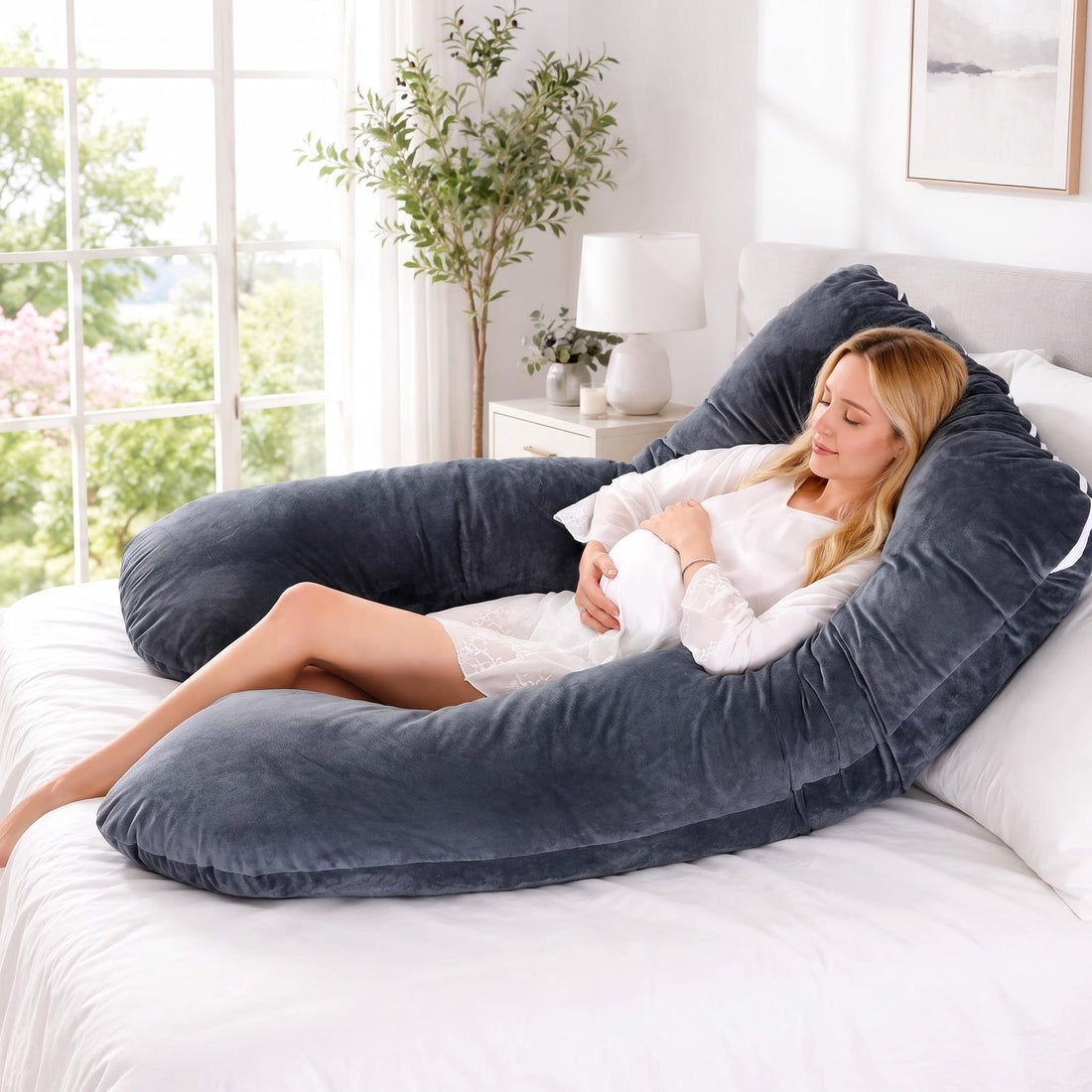 Woman sleeping on a plush, dark grey U-shaped pregnancy pillow on a white bed for full-body support.