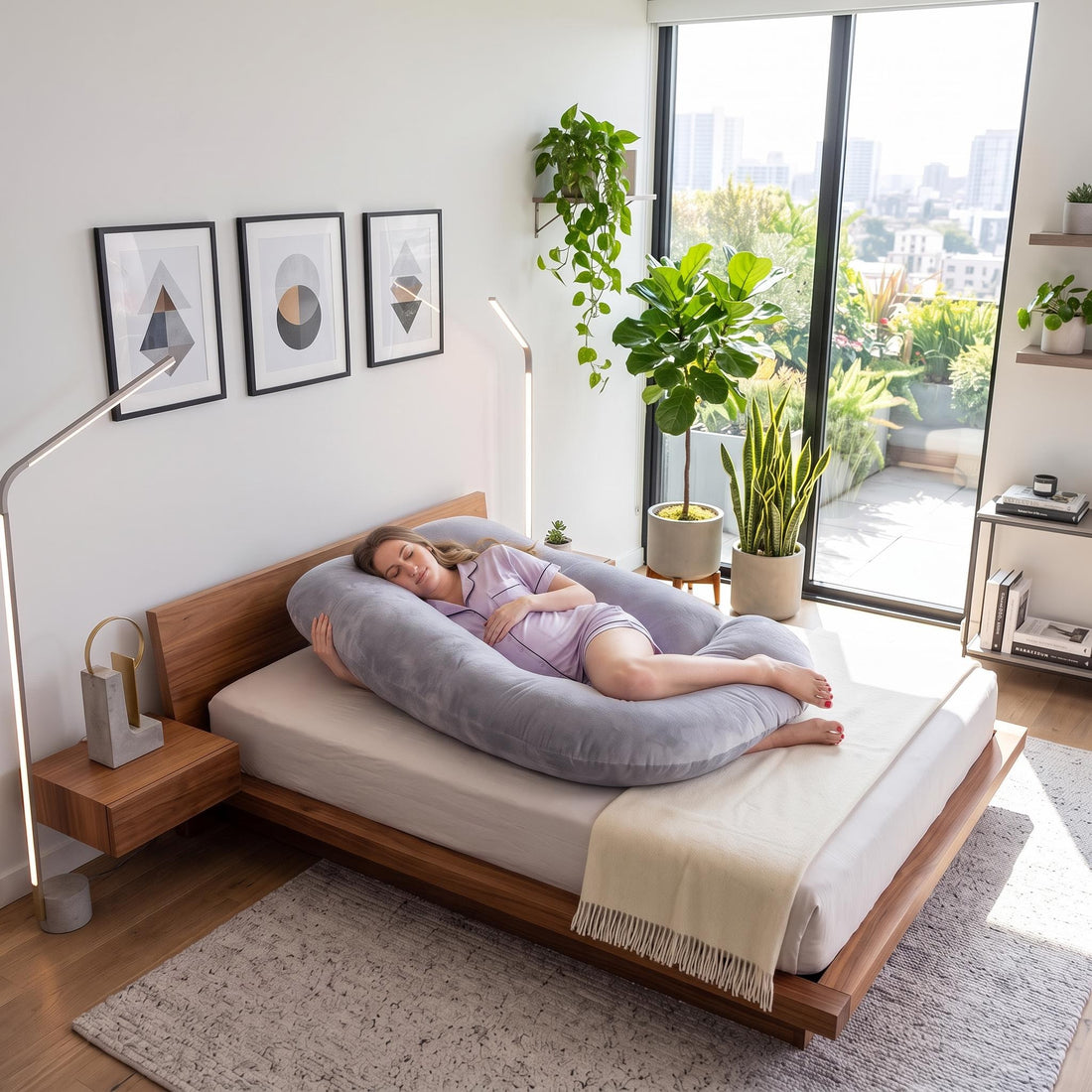 Pregnant woman sleeping comfortably in a soft, grey U-shaped full-body maternity pillow on a white background.