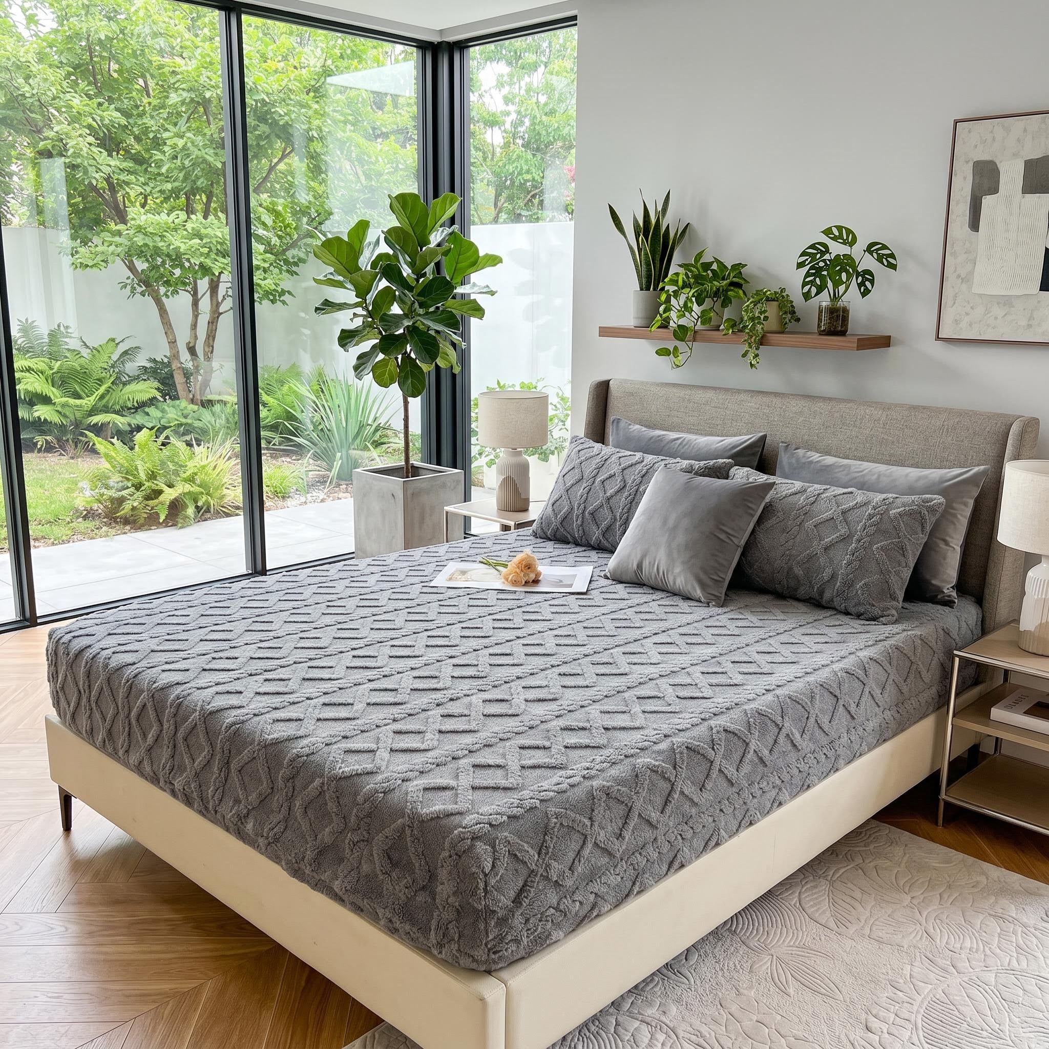 Gray textured coral fleece fitted bed sheet with matching pillows in a modern bedroom.