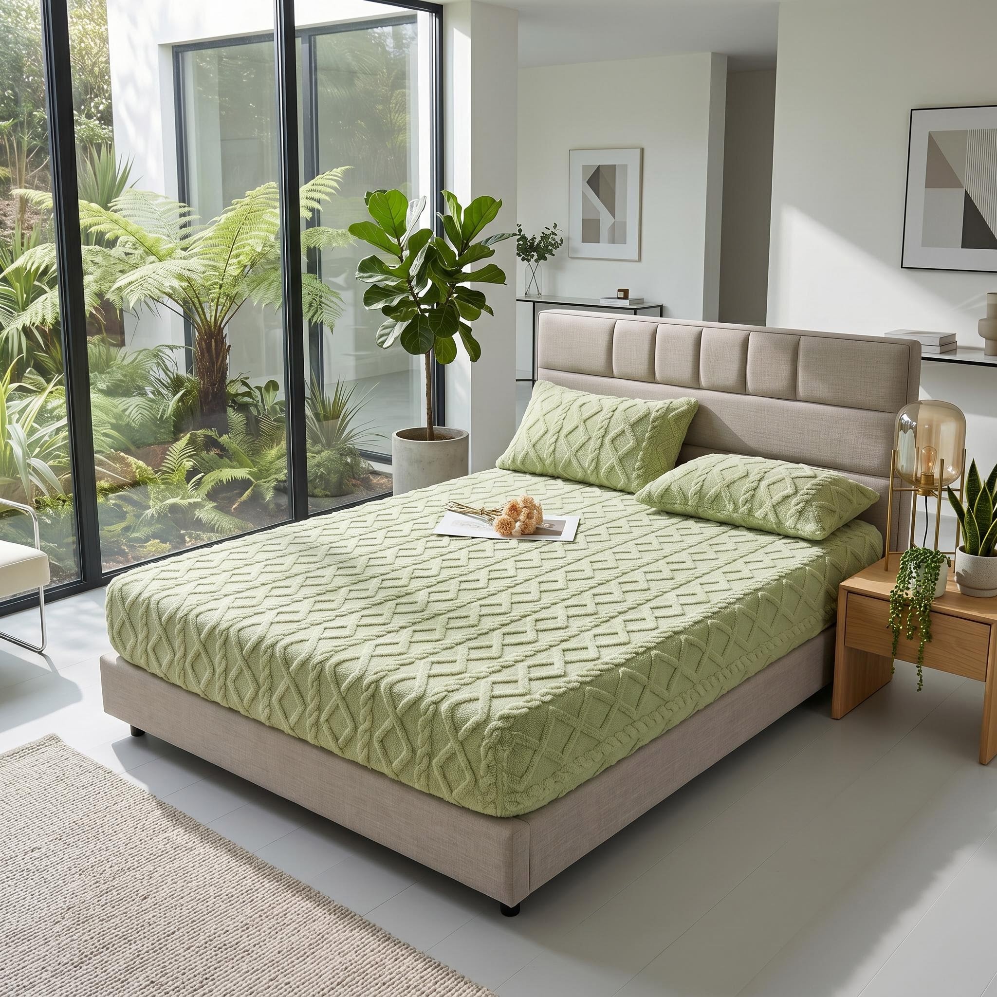 Light green textured coral fleece fitted bed sheet with two matching pillowcases on a modern bed.