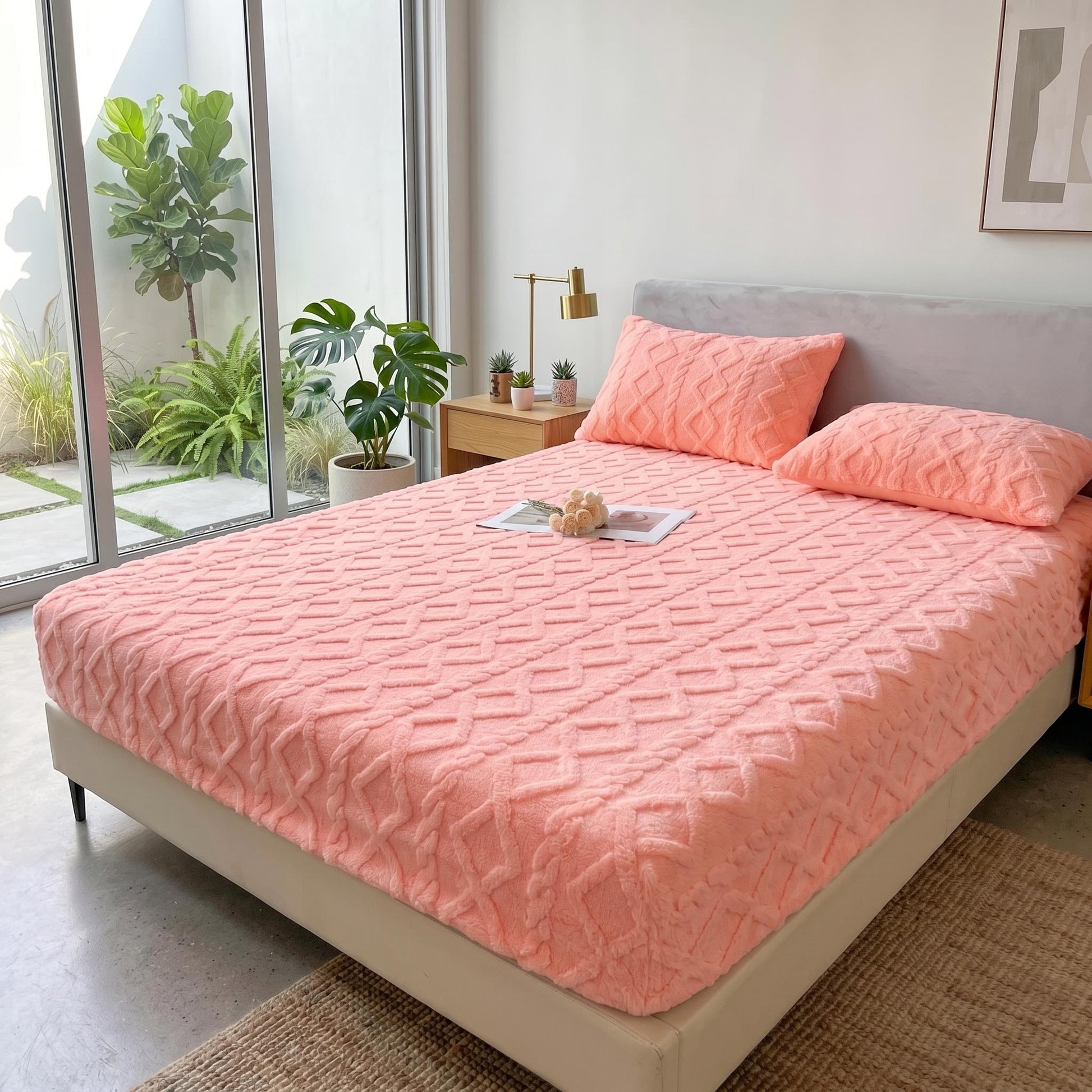 Coral fleece fitted bed sheet with a textured ribbed pattern, in a cozy bedroom setting.