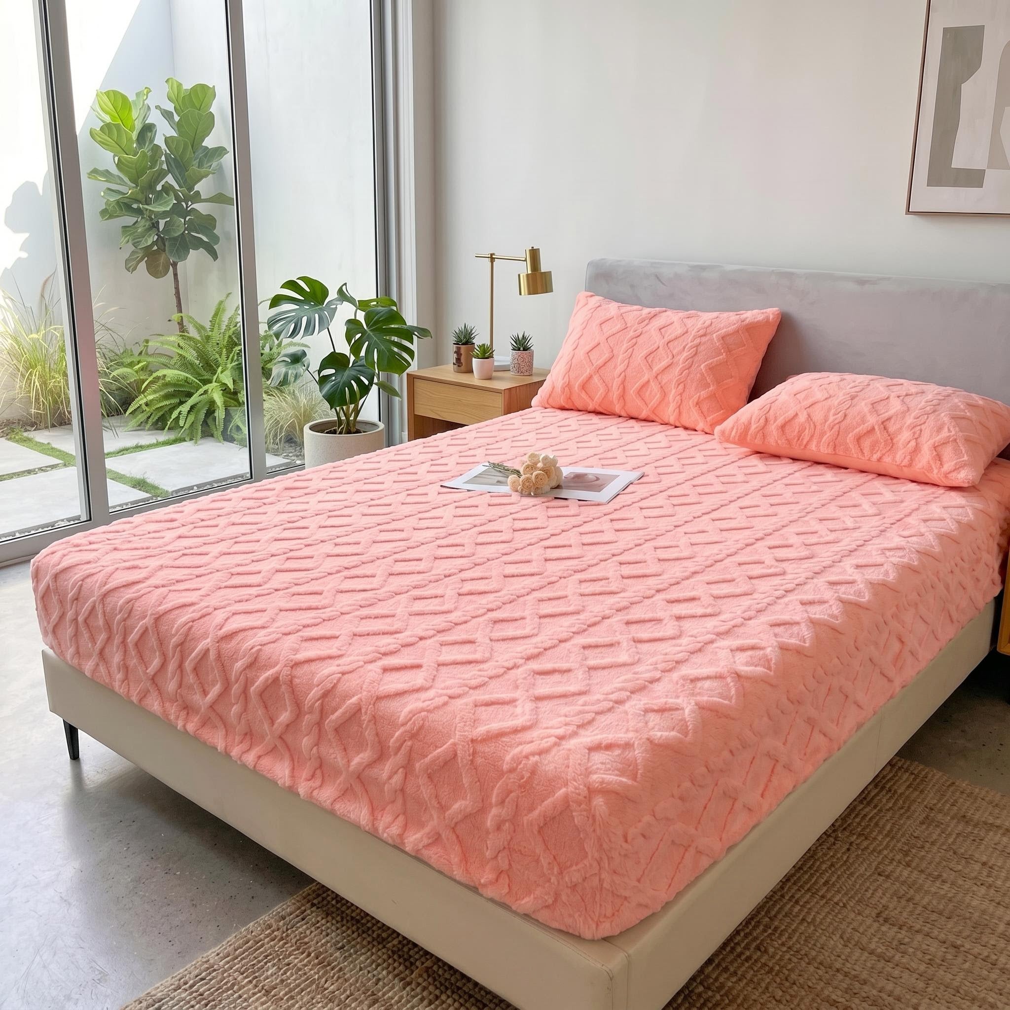 Coral fleece fitted bed sheet with a textured ribbed pattern, in a cozy bedroom setting.