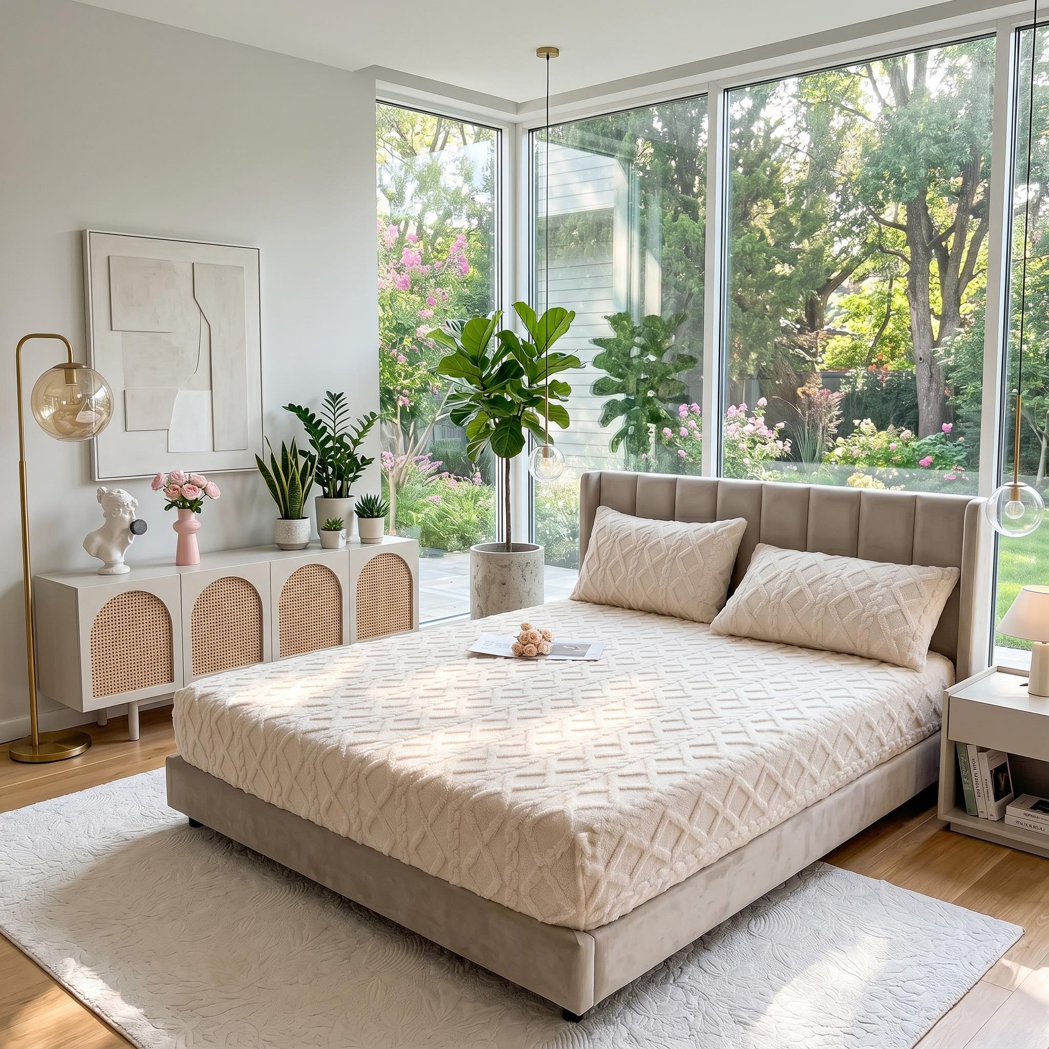 Beige coral fleece fitted bed sheet with a textured ribbed pattern on a modern bed in a bright bedroom.