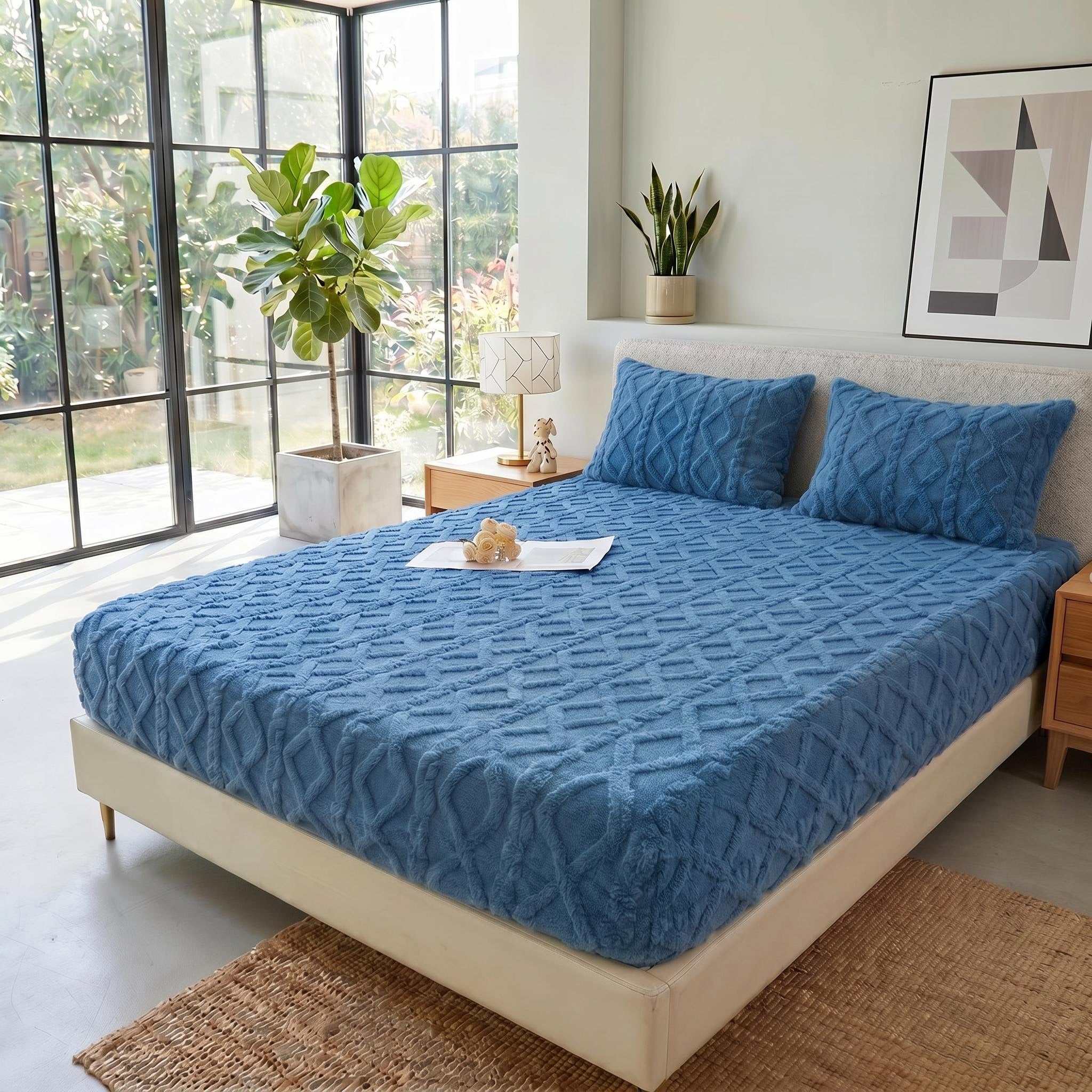 Blue textured coral fleece fitted bed sheet with matching pillowcases on a modern bed.