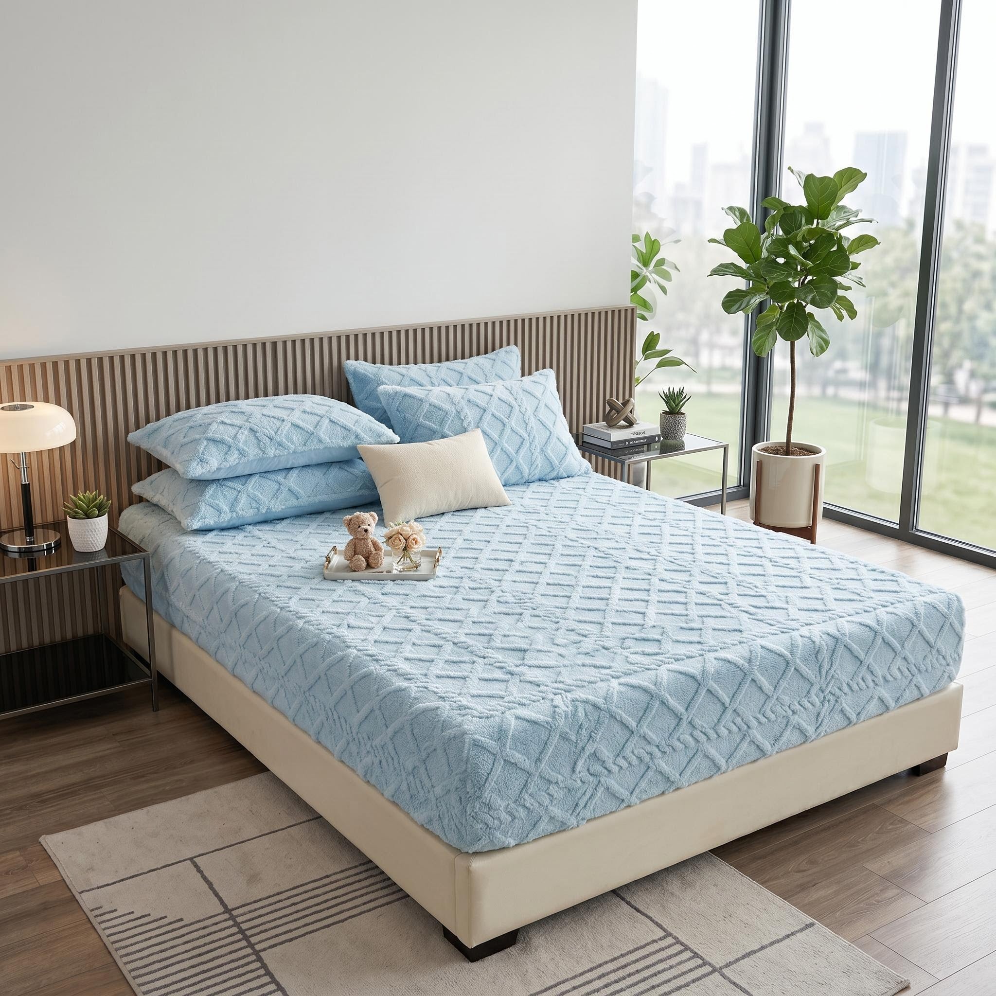Light blue textured coral fleece fitted bed sheet with matching pillowcases on a bed.