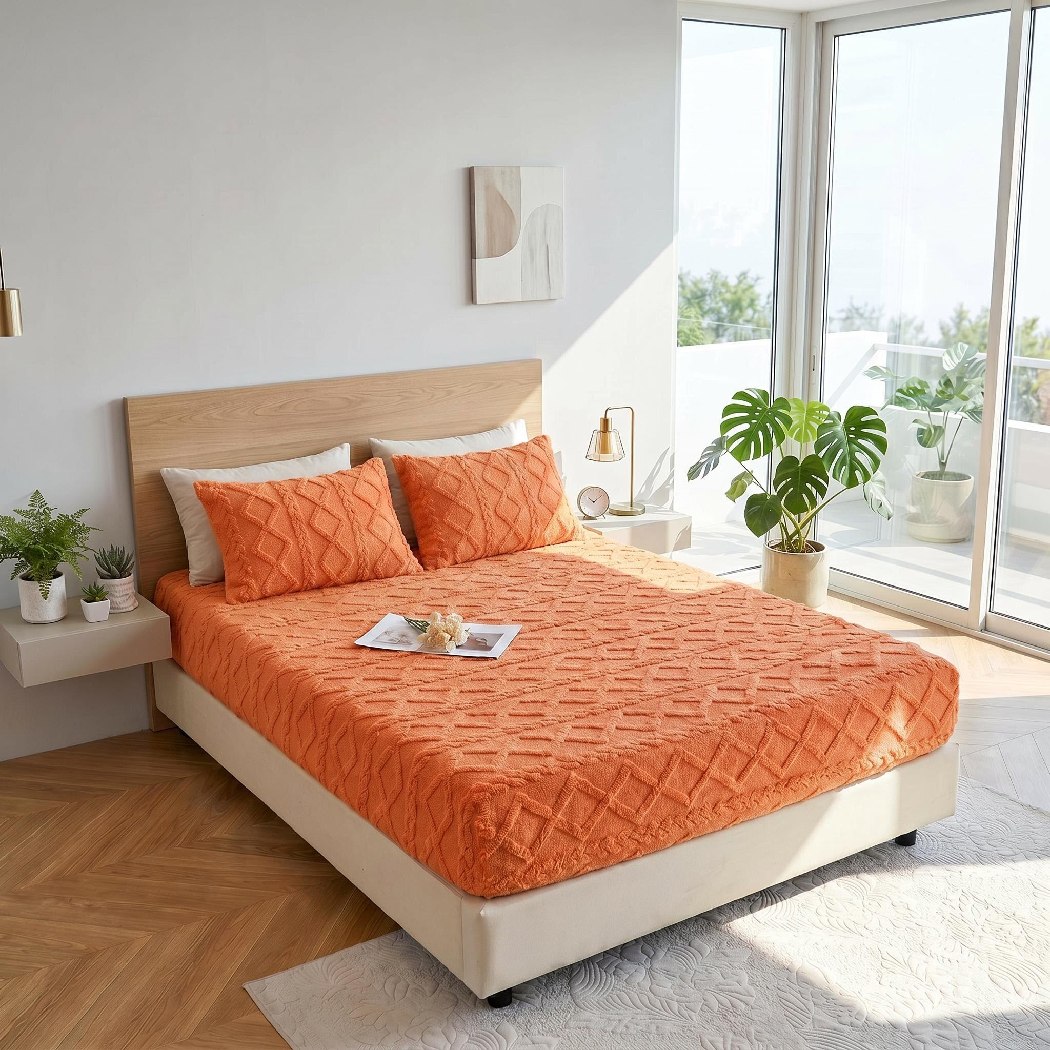 Coral fleece fitted bed sheet with textured ribbed pattern and two matching pillow shams on a bed.