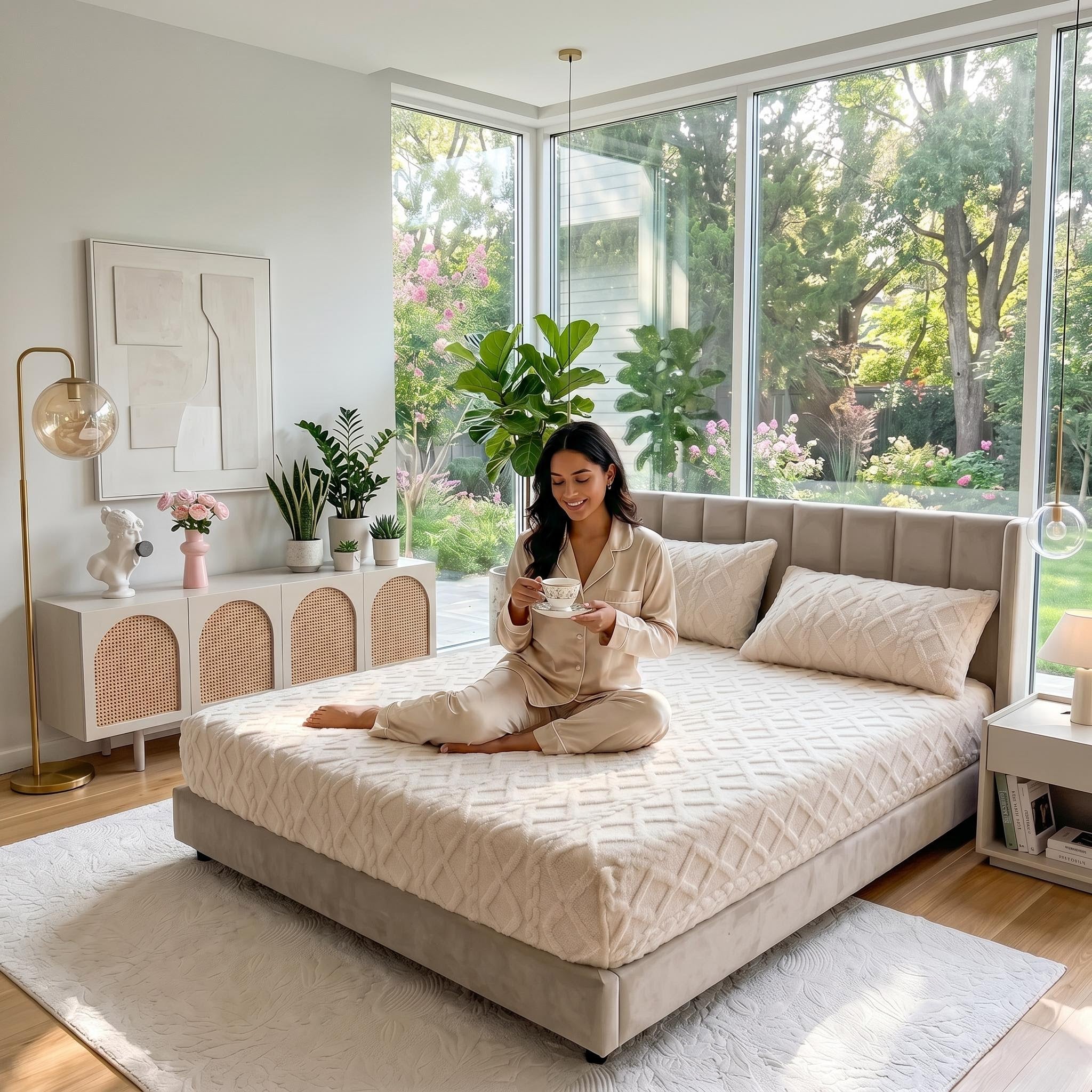 Woman in pajamas sitting on a bed with a textured coral fleece fitted sheet in a light, neutral color.