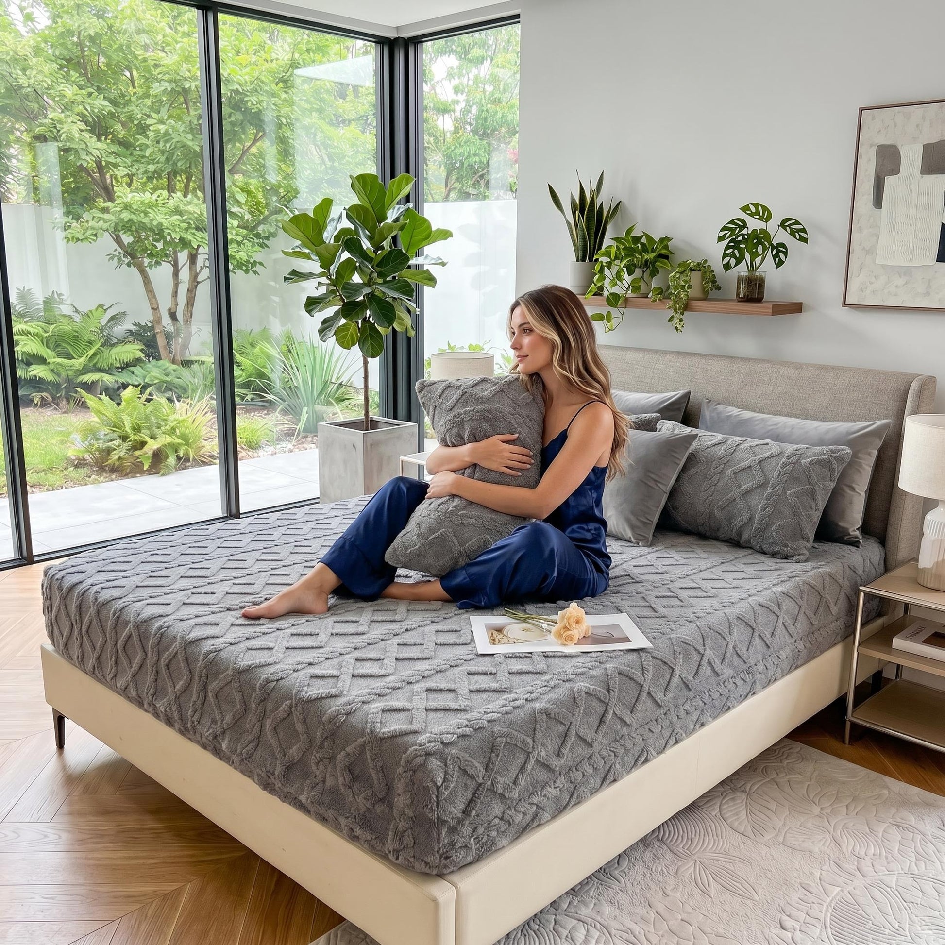 Woman on a bed with a gray textured coral fleece fitted sheet and matching pillow shams.