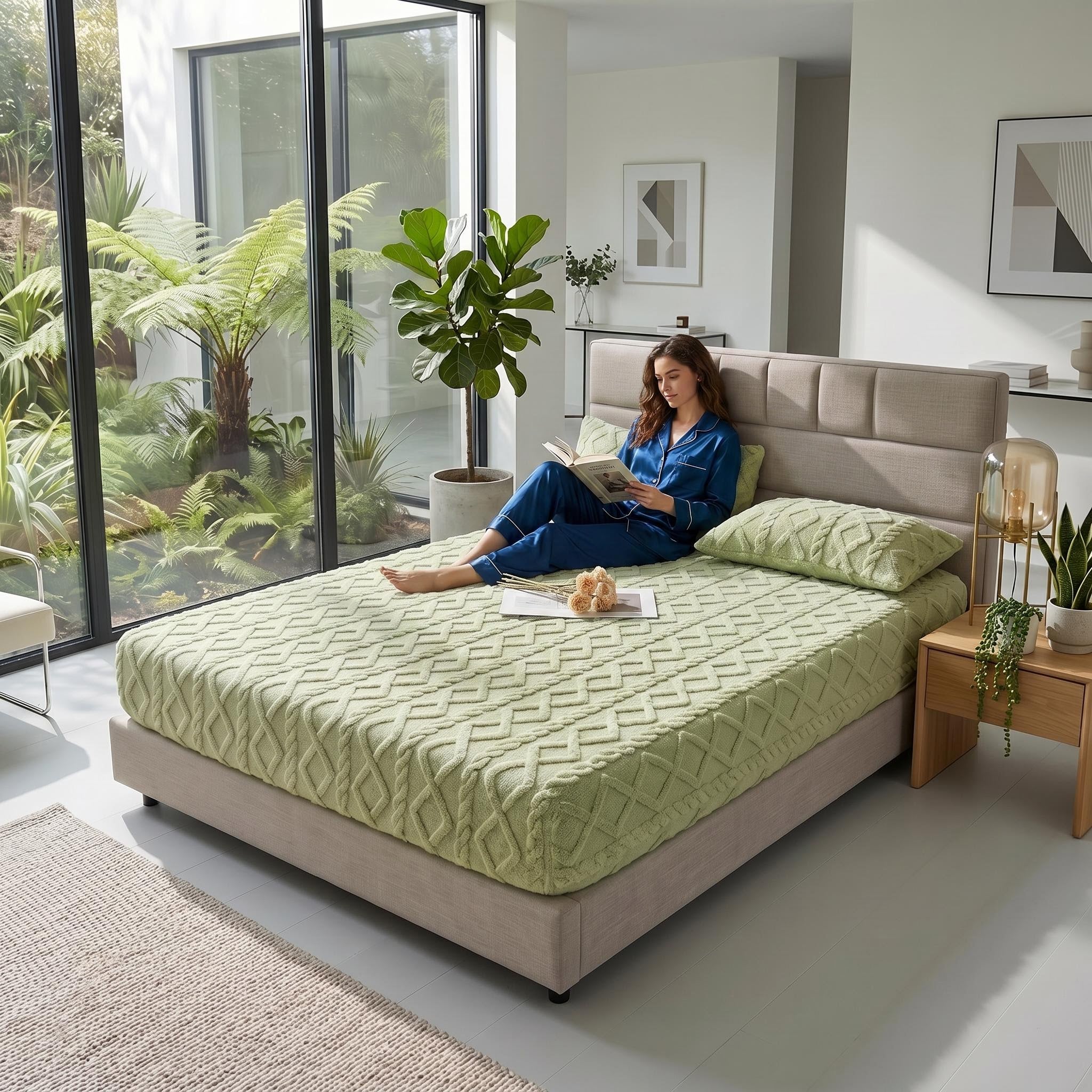 Woman reading on a bed with a light green, textured ribbed coral fleece fitted sheet.
