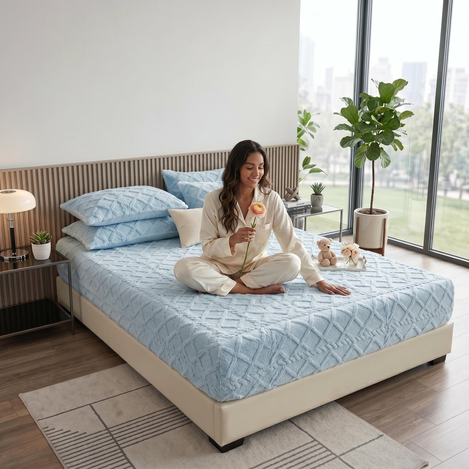 Woman on a light blue textured coral fleece fitted bed sheet with matching pillows in a modern bedroom.