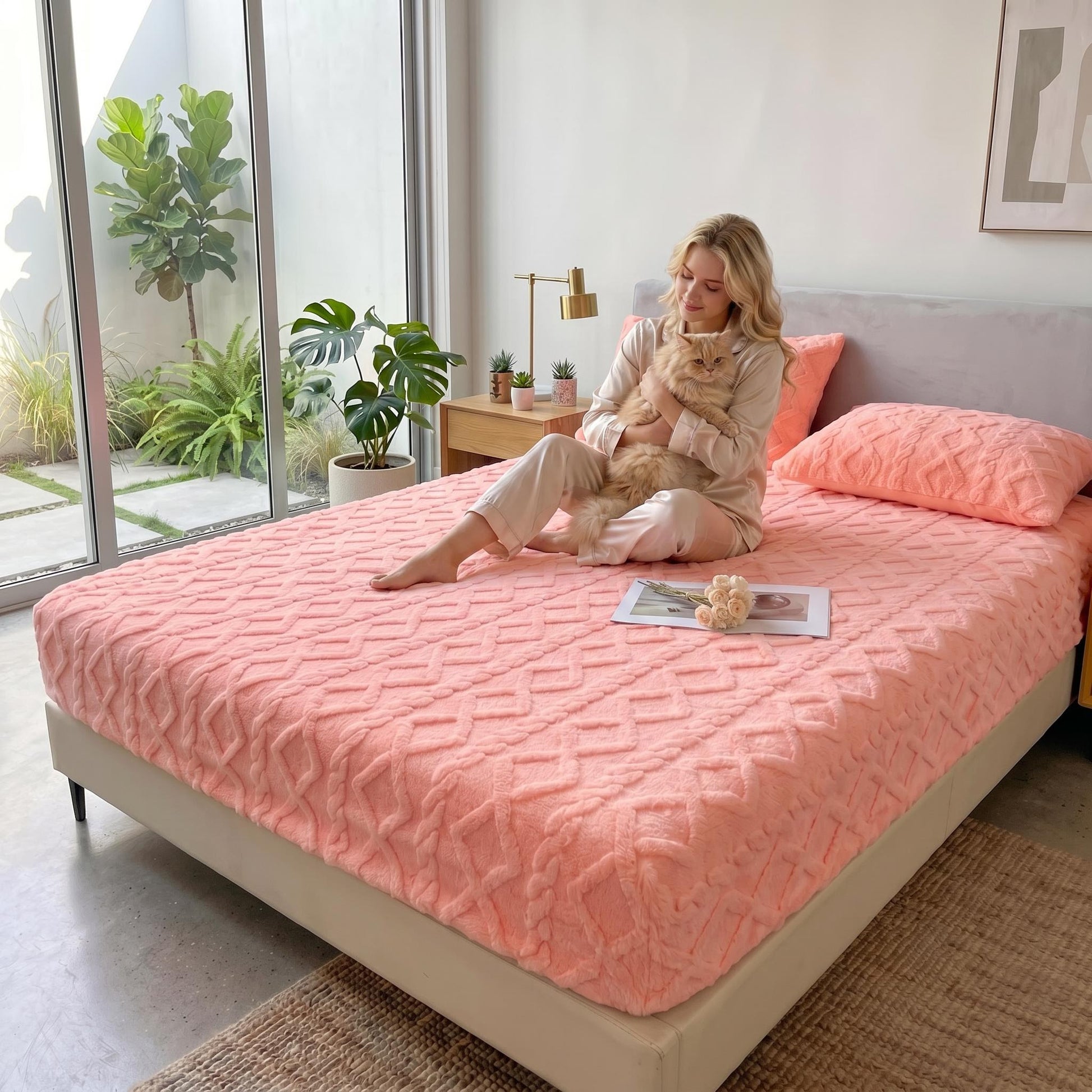 Woman petting a cat on a bed with a coral textured fleece fitted sheet and matching pillowcases.