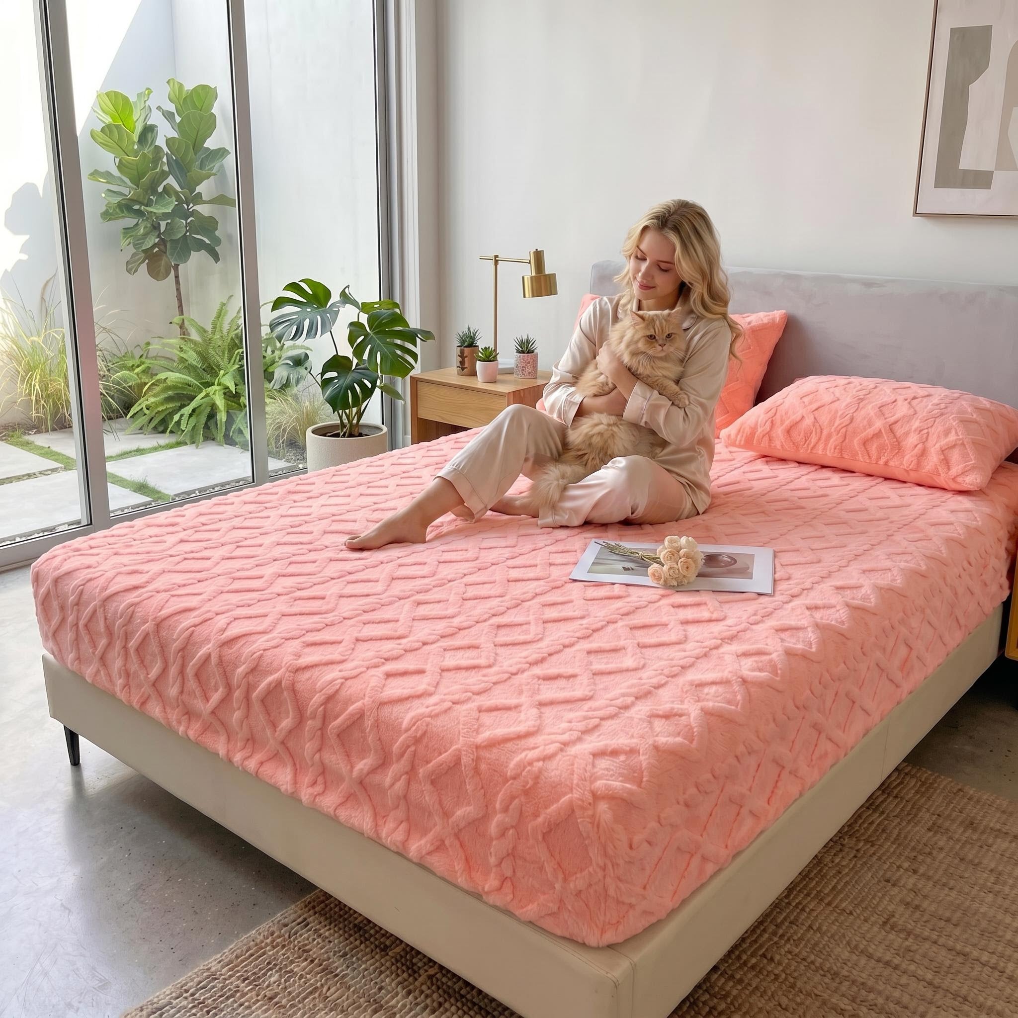 Woman petting a cat on a bed with a coral textured fleece fitted sheet and matching pillowcases.