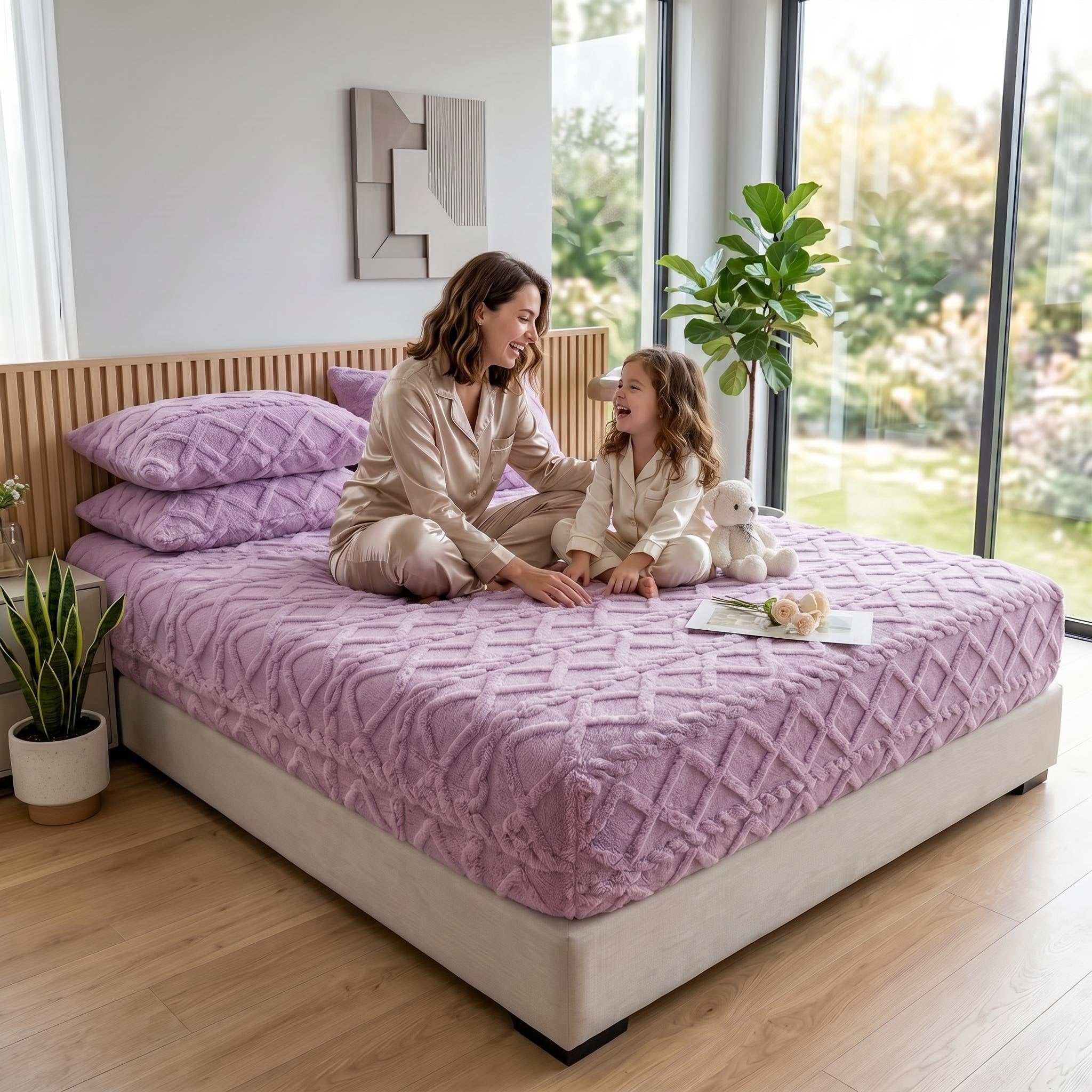 Lavender textured coral fleece fitted bed sheet with matching pillows, on a bed with a woman and child.