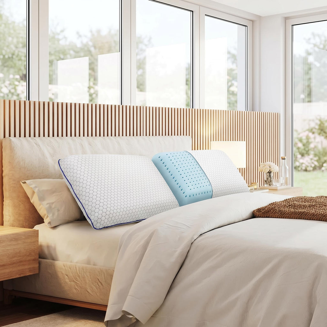 Blonde woman sleeping peacefully on an ultra-thin white memory foam pillow with blue hexagonal pattern.
