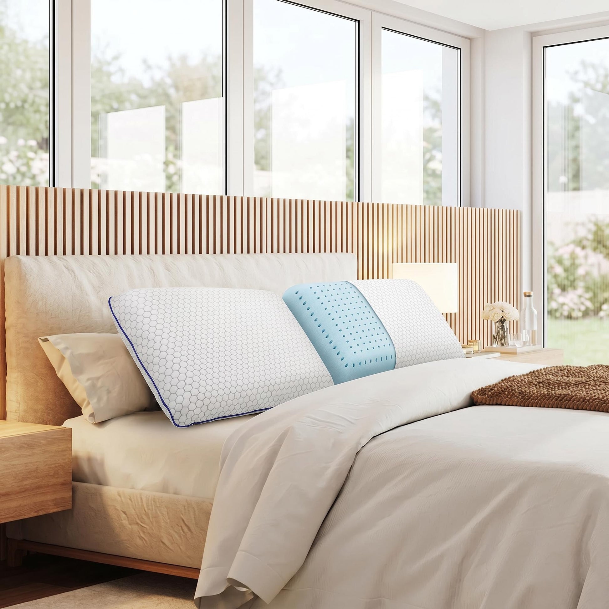 Two ultra-thin memory foam pillows on a bed: one white with a honeycomb pattern, one blue with ventilation holes.