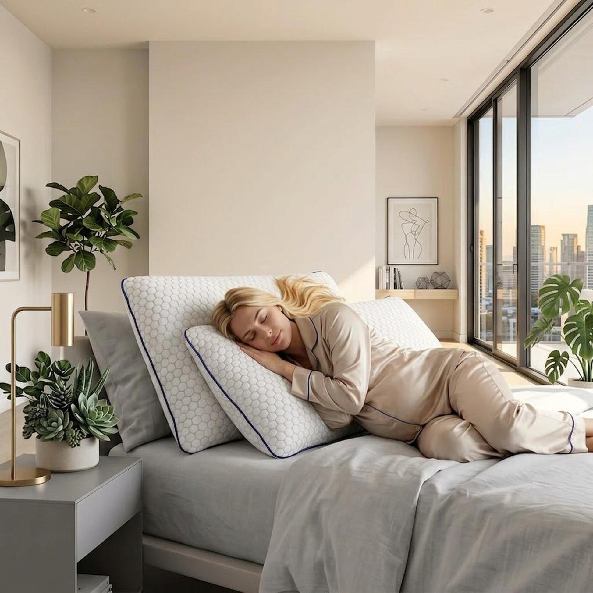 Blonde woman sleeping peacefully on an ultra-thin white memory foam pillow with blue hexagonal pattern.
