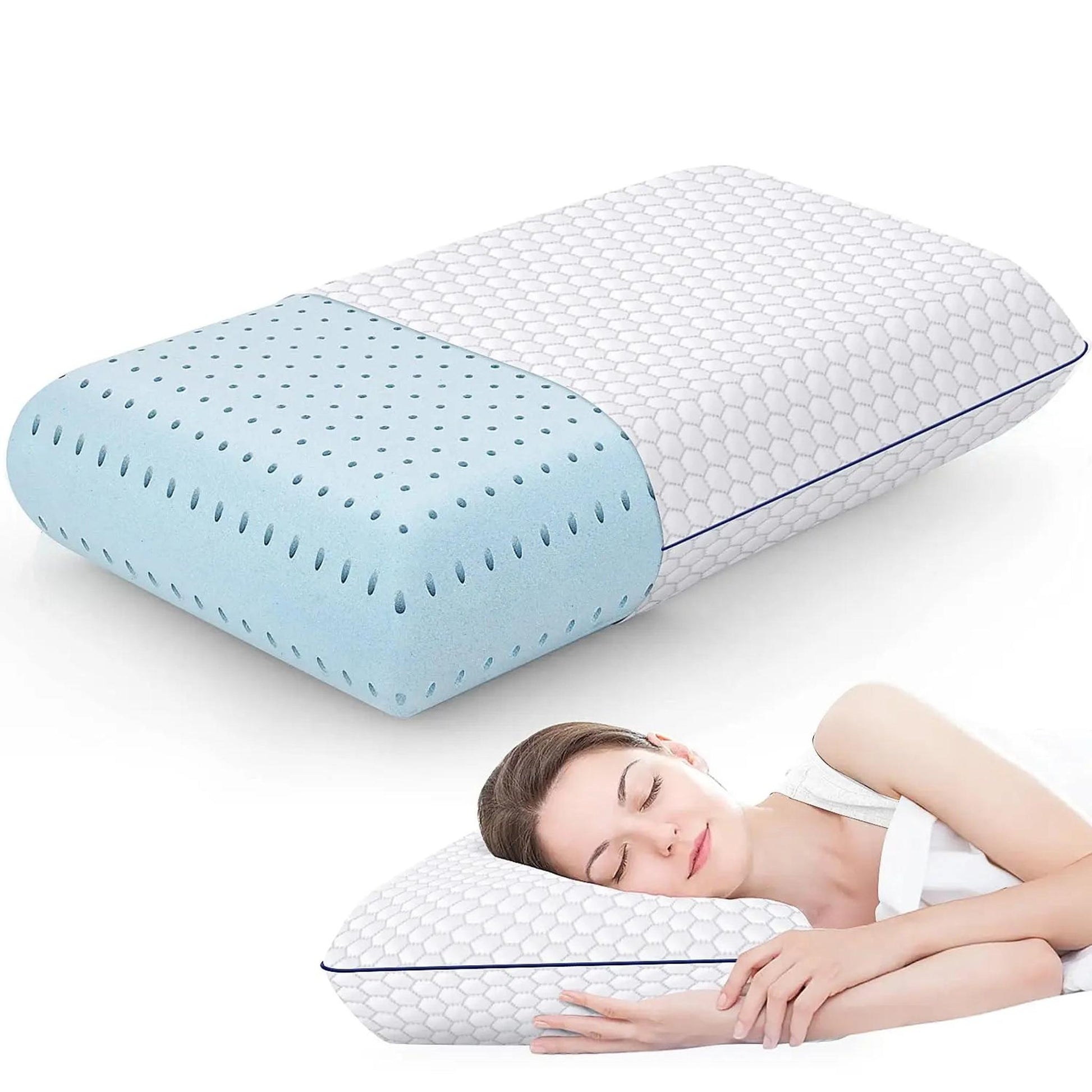Ultra-thin memory foam pillow with a white honeycomb cover, blue ventilated core, and a woman sleeping soundly.