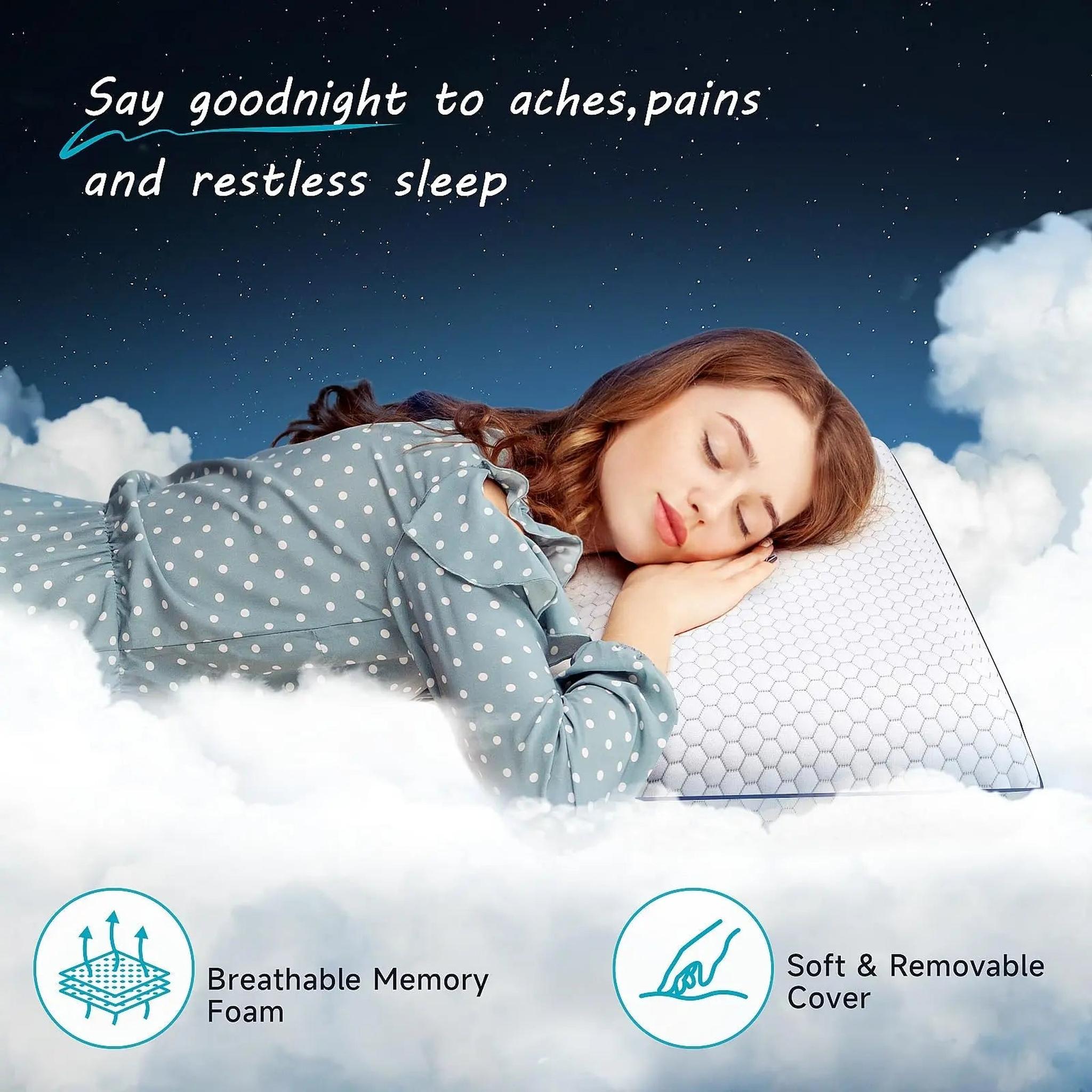Woman sleeping peacefully on a thin, white hexagonal-patterned memory foam pillow, surrounded by clouds.
