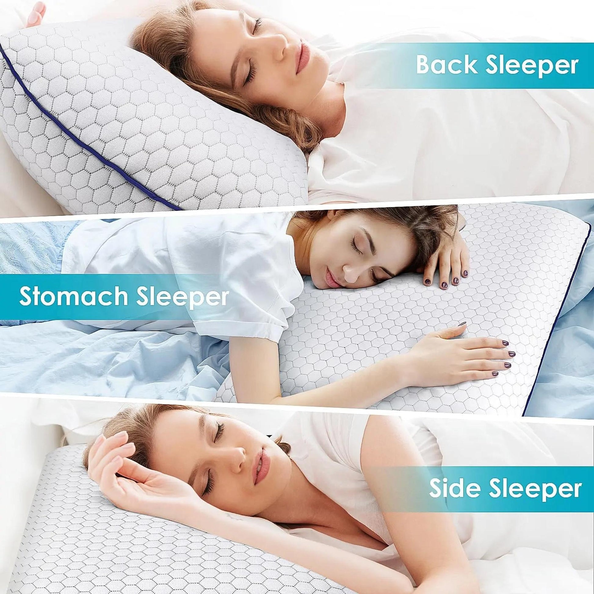 White ultra-thin memory foam pillow with honeycomb texture, shown with back, stomach, and side sleepers.