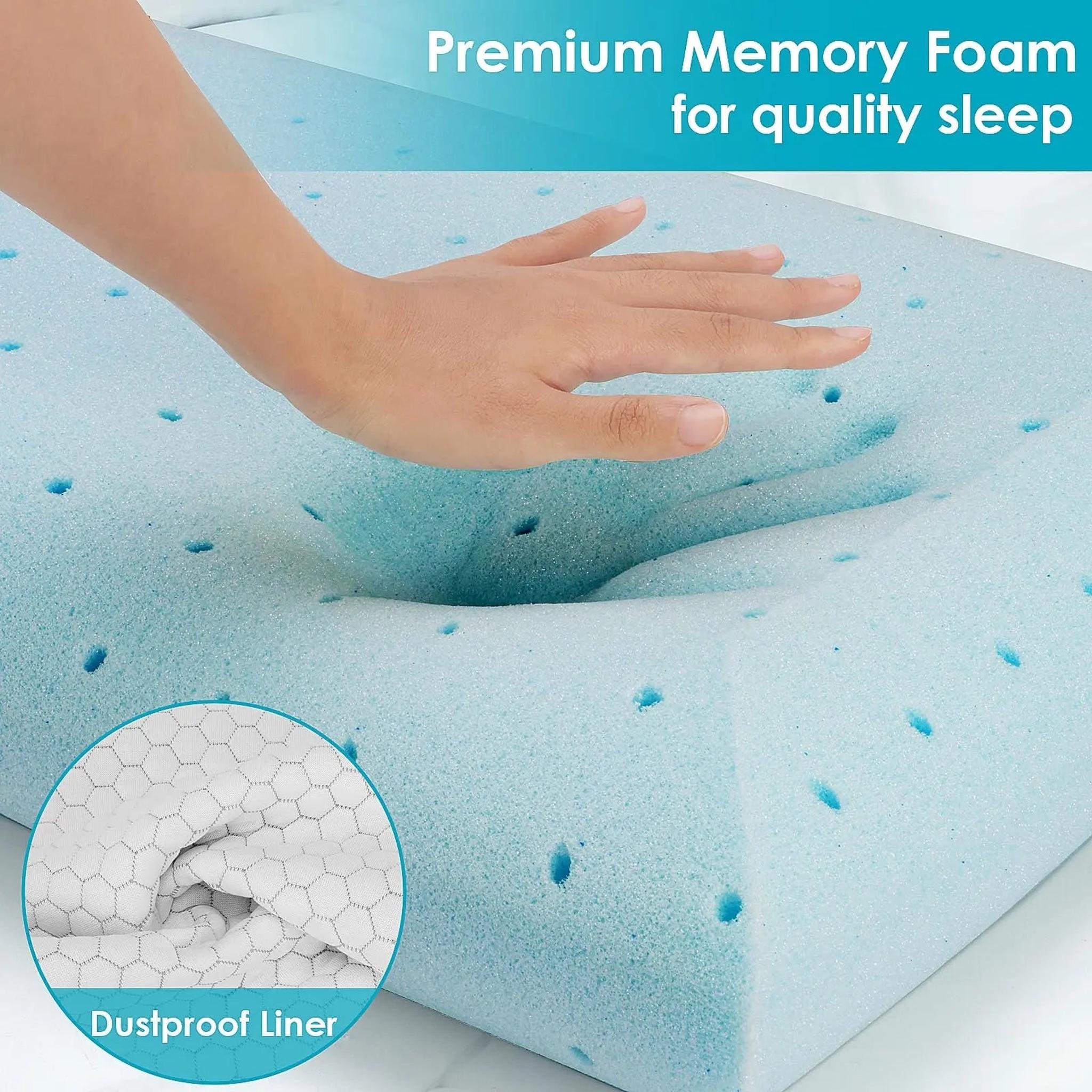 Light blue ultra-thin memory foam pillow with ventilated channels, a hand pressing into it, and a dustproof liner detail.