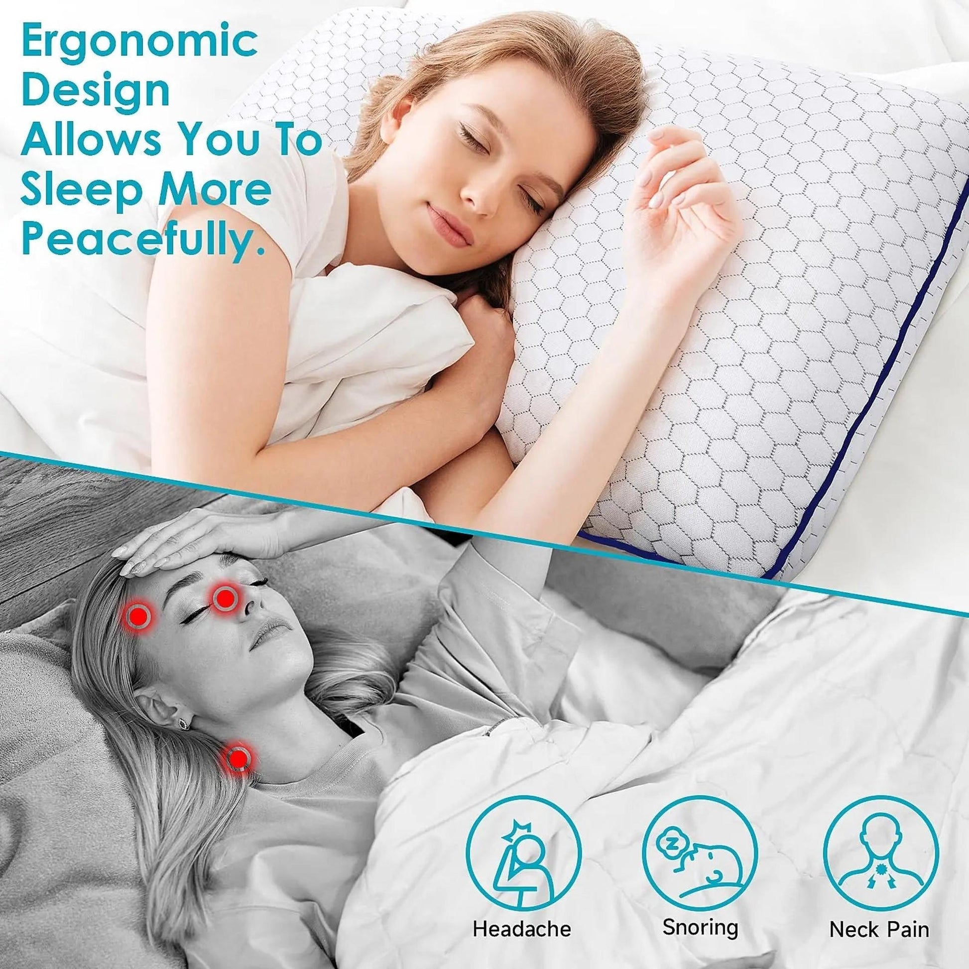 Woman sleeping peacefully on a white, hexagon-patterned, ultra-thin memory foam pillow.