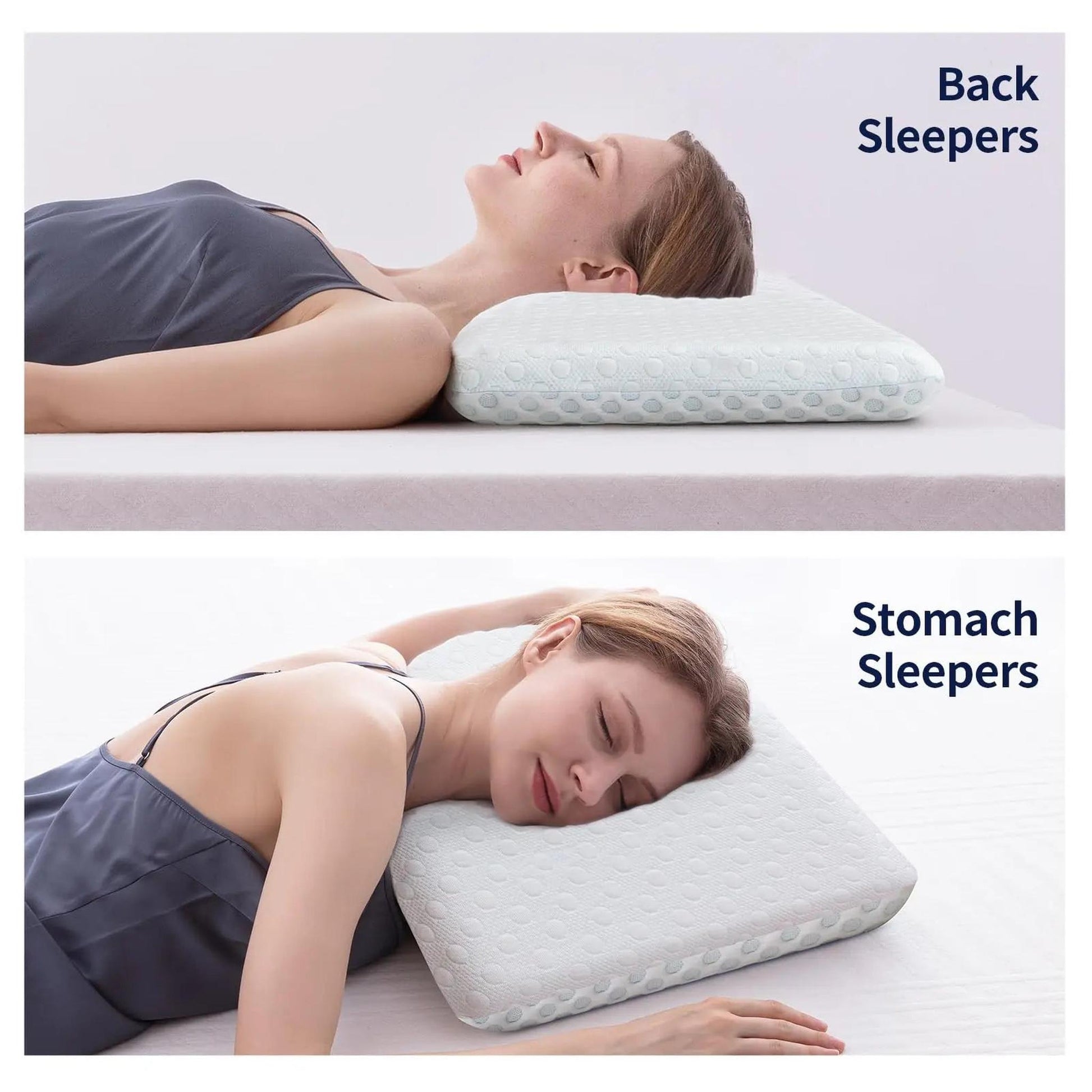 Woman using a thin, light blue memory foam pillow for back and stomach sleeping.
