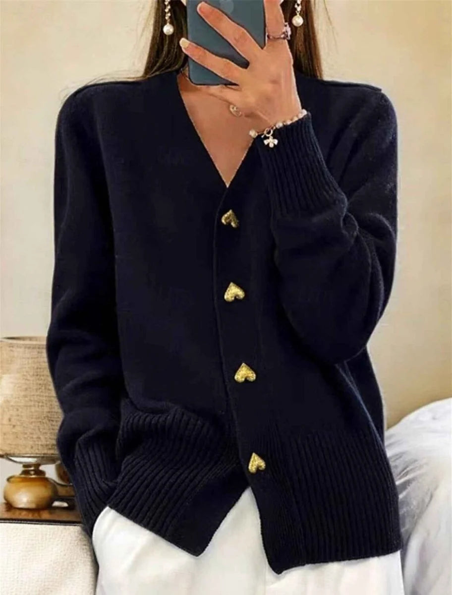 V-Neck Soft Knit Cardigan with Heart Buttons 1