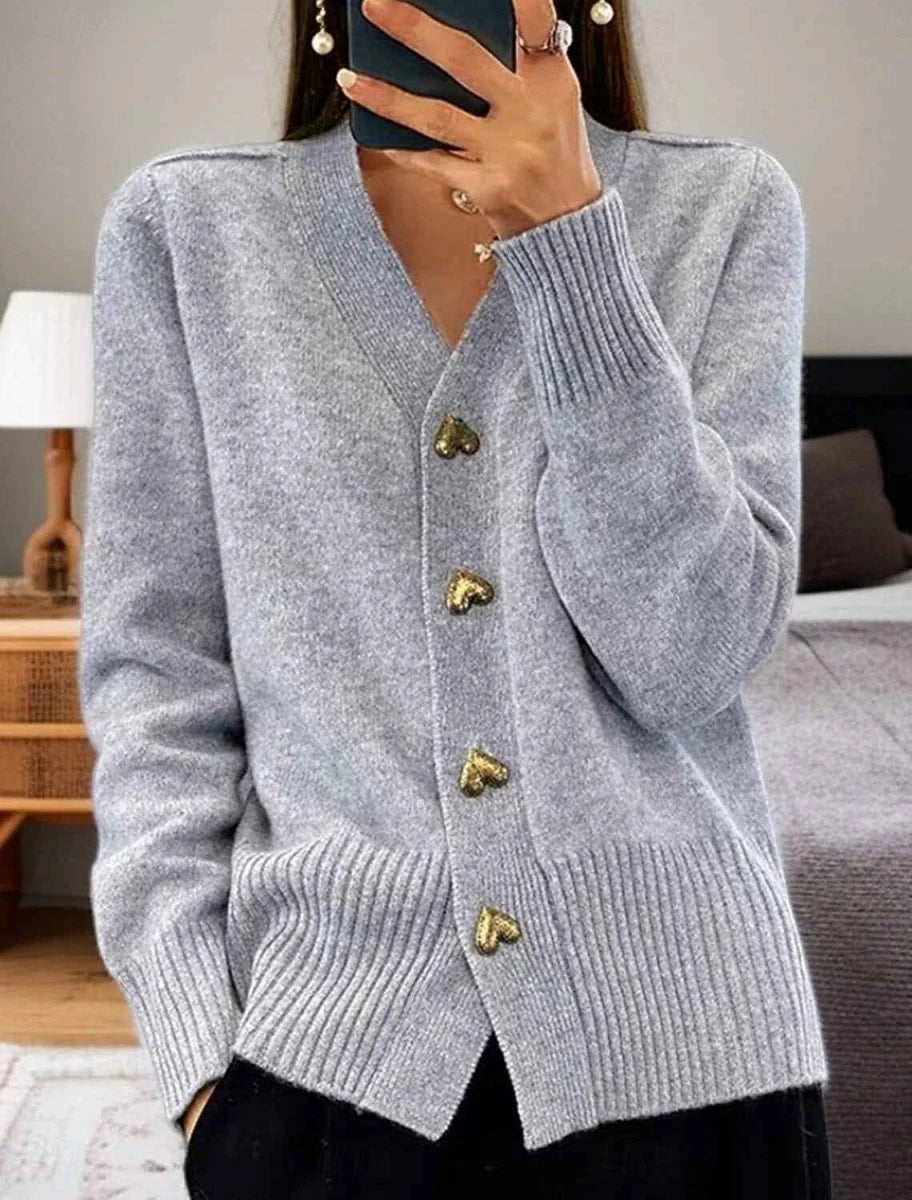 V-Neck Soft Knit Cardigan with Heart Buttons 0