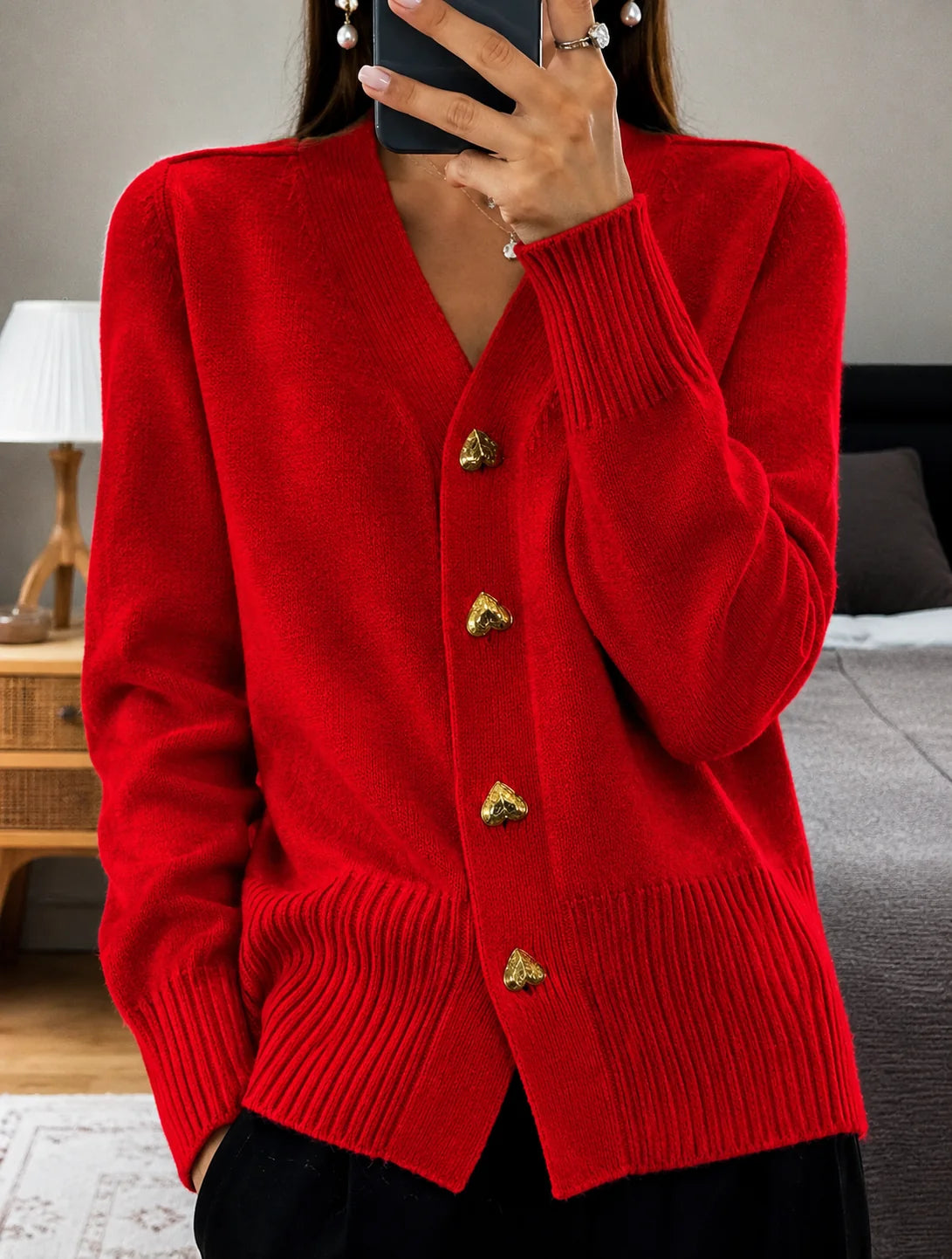 V-Neck Soft Knit Cardigan with Heart Buttons 4