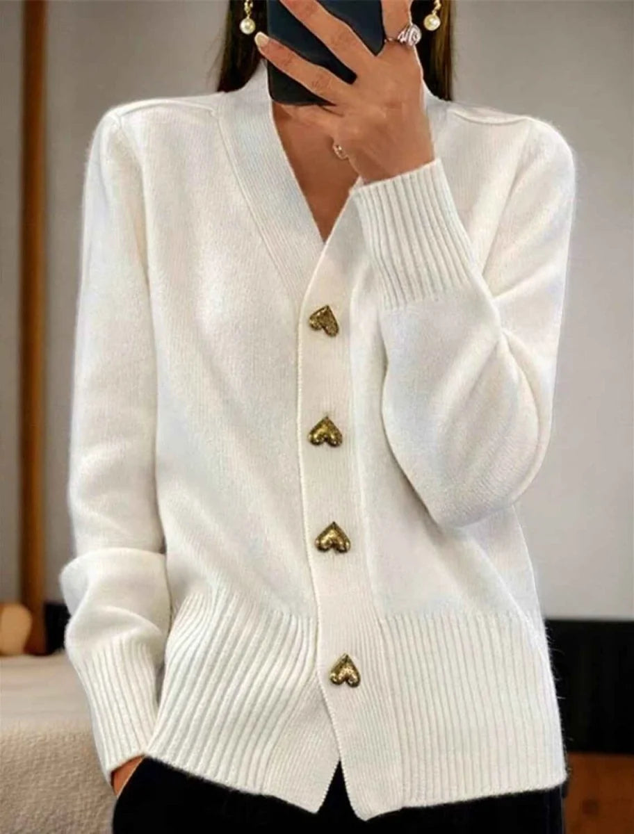 V-Neck Soft Knit Cardigan with Heart Buttons 2