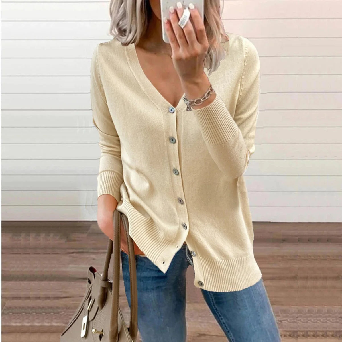 V-Neck Soft Knit Women's Cardigan with Ribbed Cuffs 1
