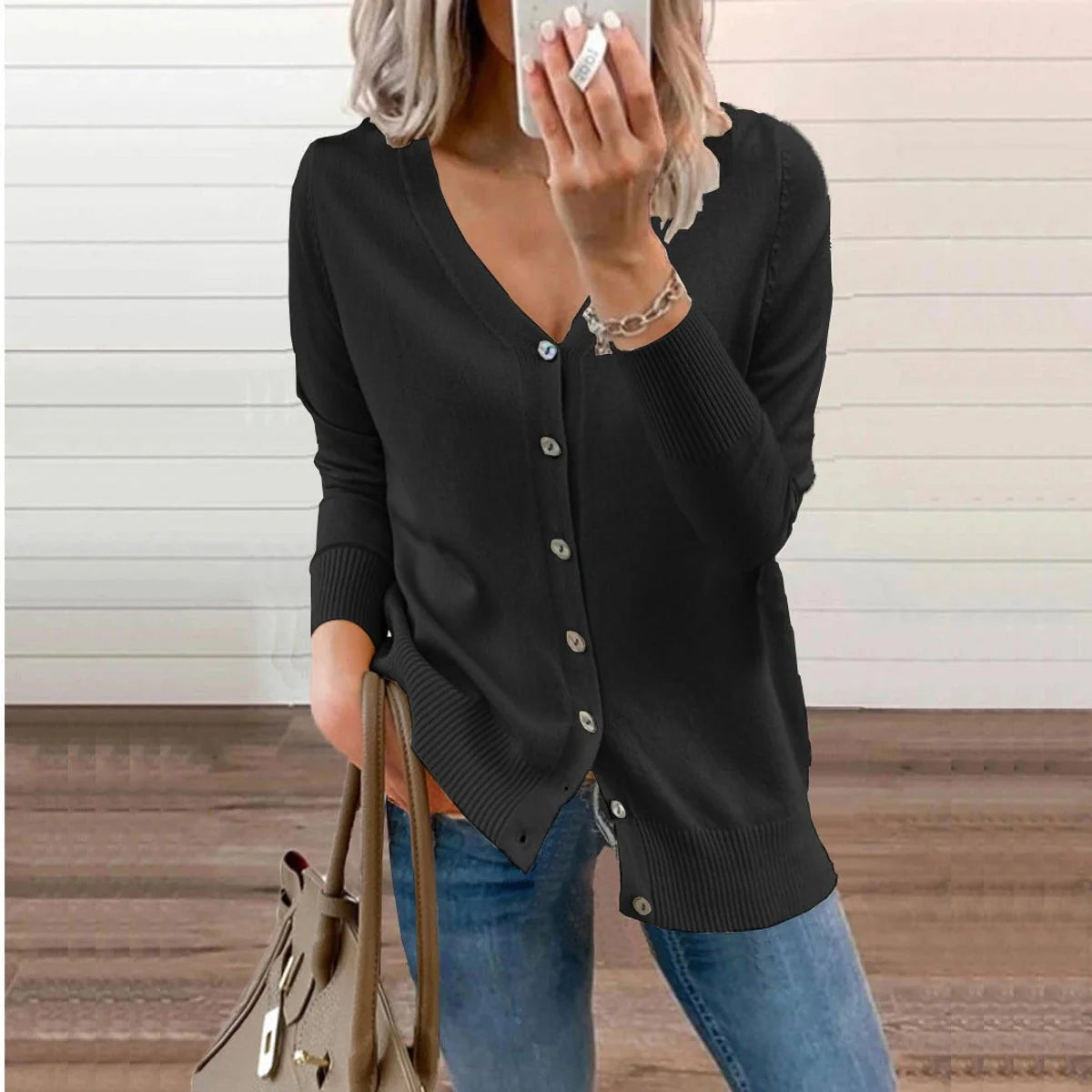 V-Neck Soft Knit Women's Cardigan with Ribbed Cuffs 6