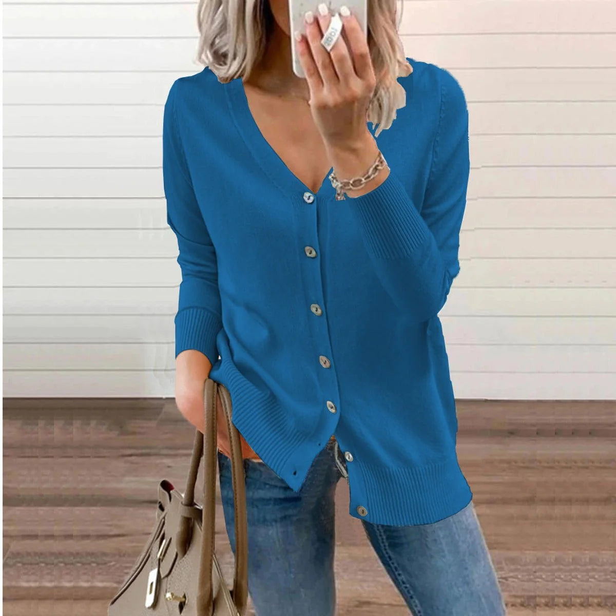 V-Neck Soft Knit Women's Cardigan with Ribbed Cuffs 0
