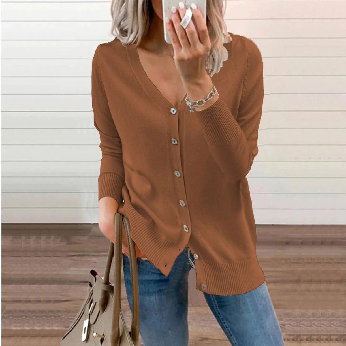 V-Neck Soft Knit Women's Cardigan with Ribbed Cuffs 2