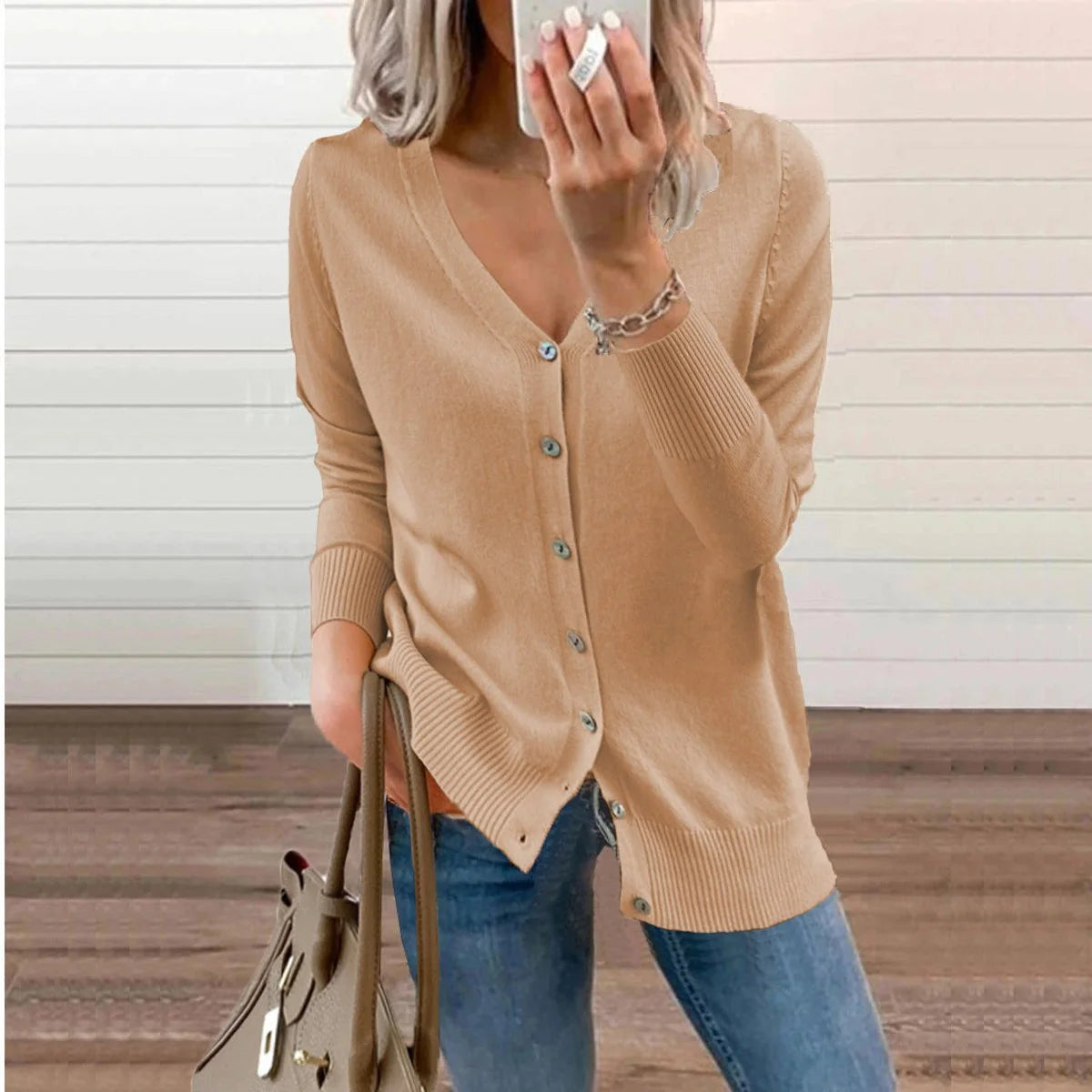 V-Neck Soft Knit Women's Cardigan with Ribbed Cuffs 7