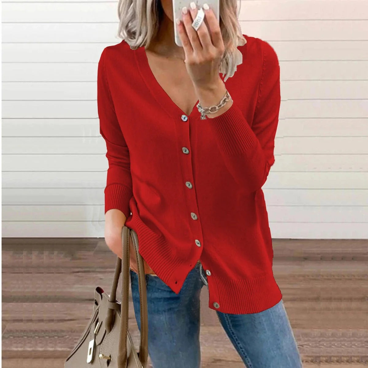 V-Neck Soft Knit Women's Cardigan with Ribbed Cuffs 5