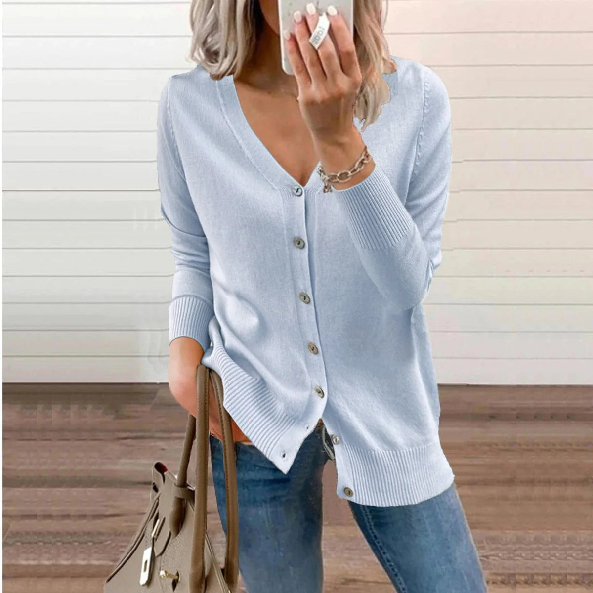 V-Neck Soft Knit Women's Cardigan with Ribbed Cuffs 11
