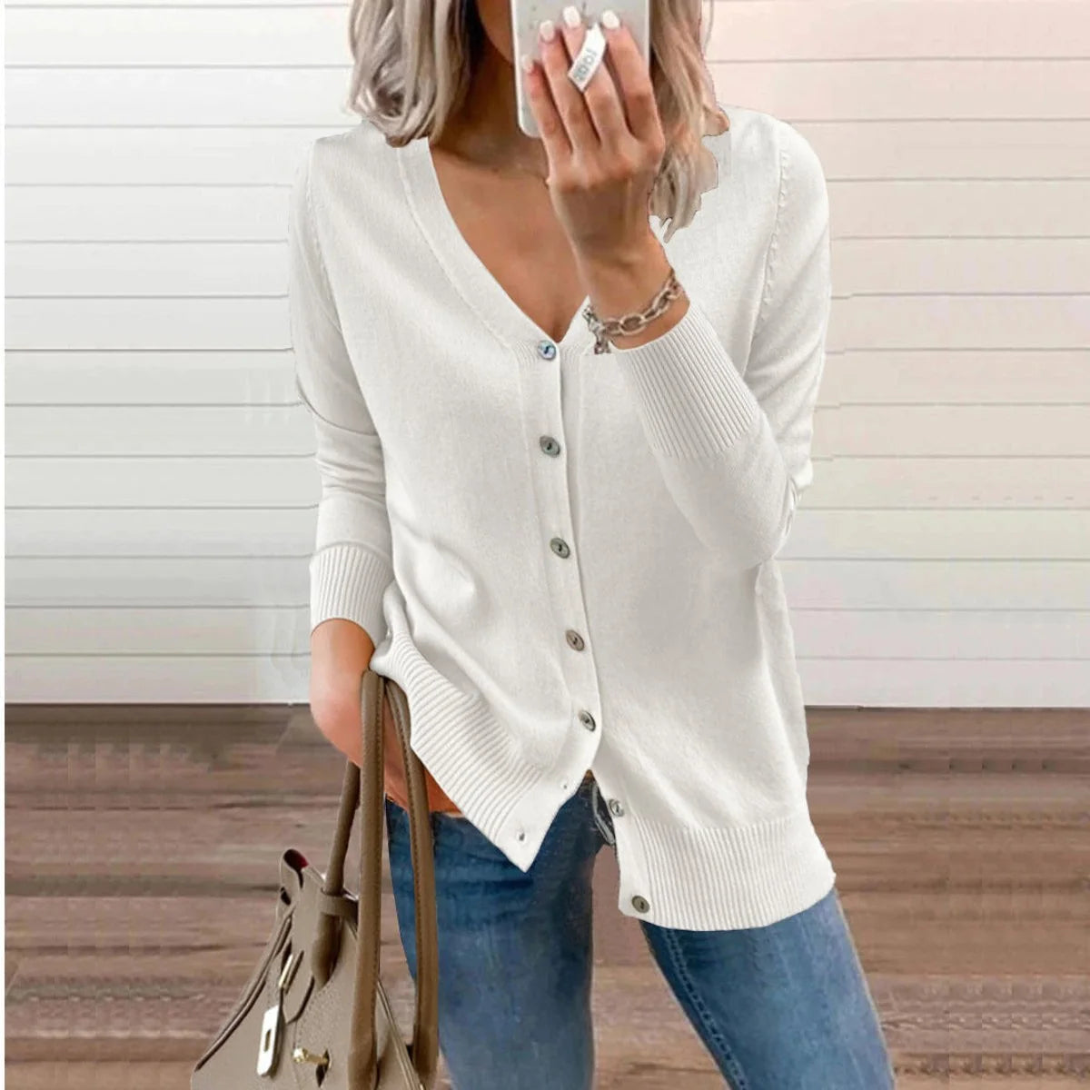 V-Neck Soft Knit Women's Cardigan with Ribbed Cuffs 10