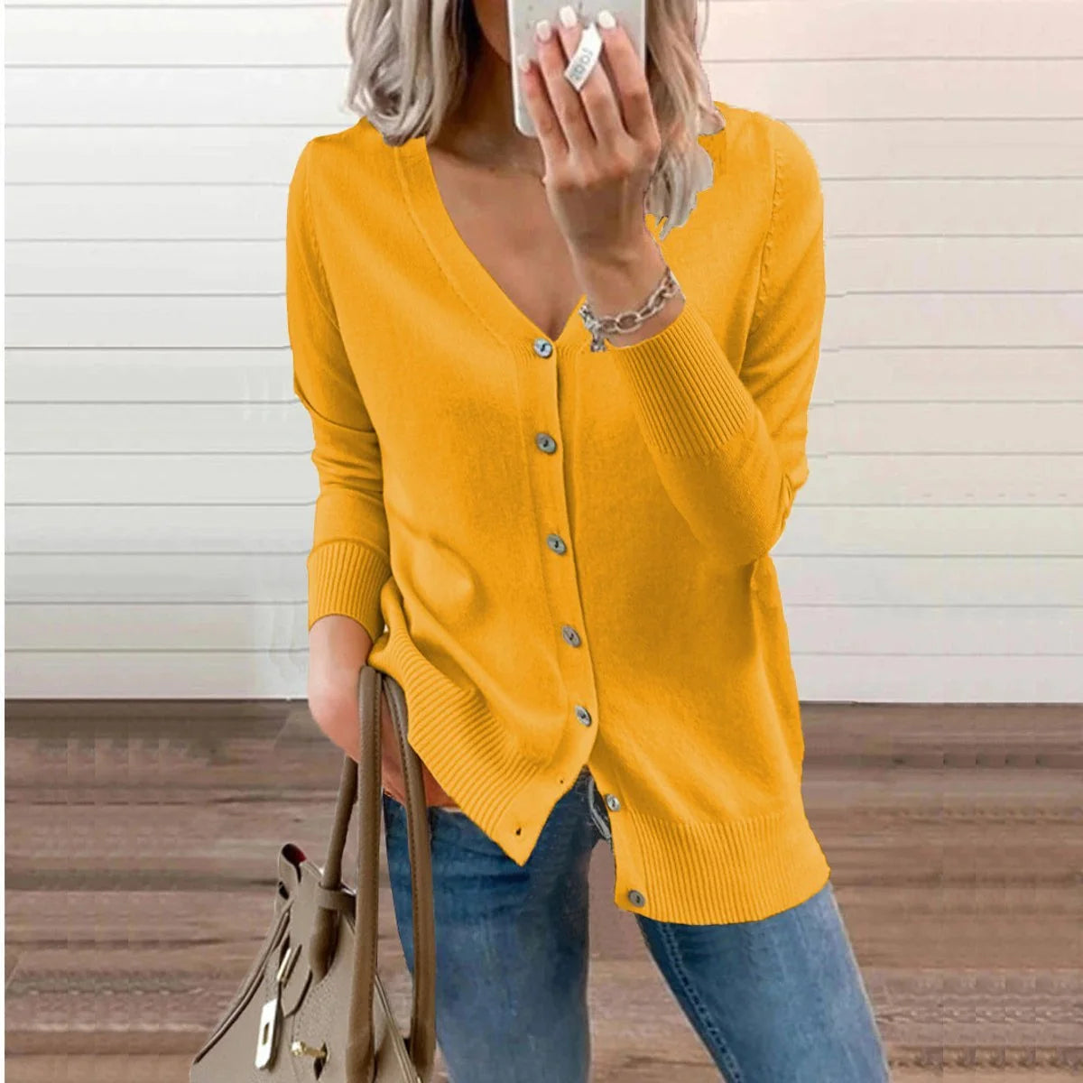 V-Neck Soft Knit Women's Cardigan with Ribbed Cuffs 3
