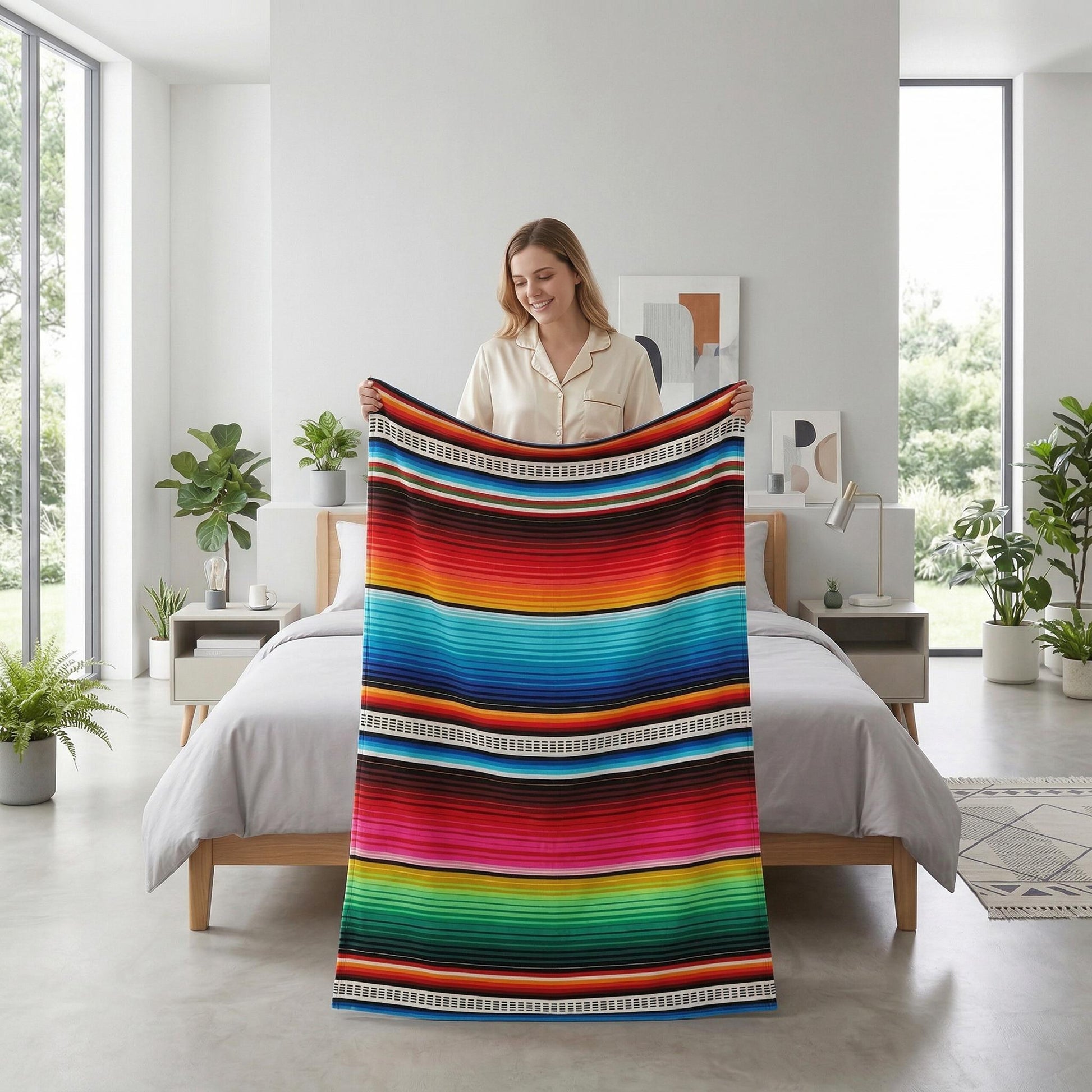 Smiling woman holding a vibrant, multicolor striped flannel blanket in a modern bedroom.
