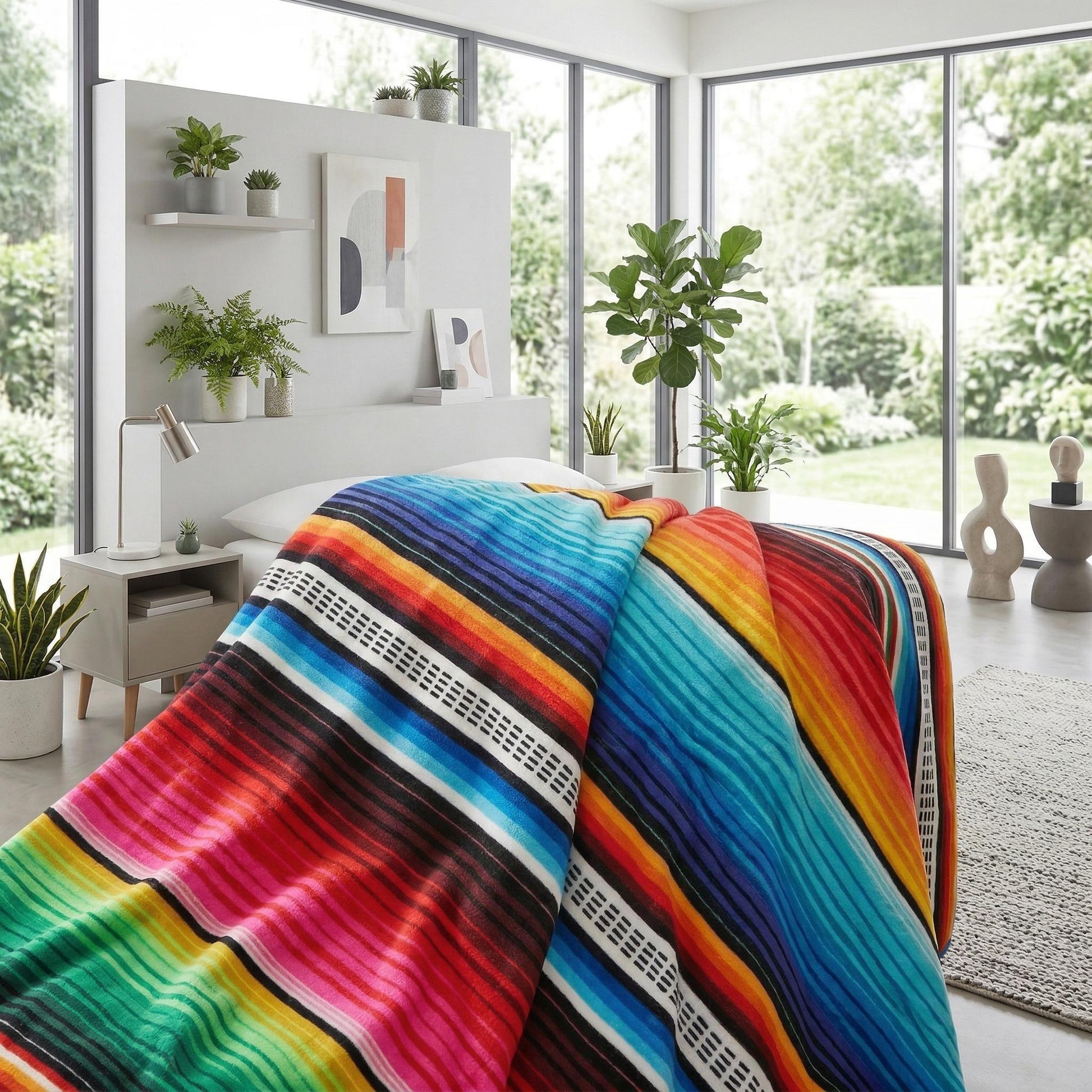 Vibrant multicolor striped flannel blanket draped on a bed in a bright, modern bedroom.