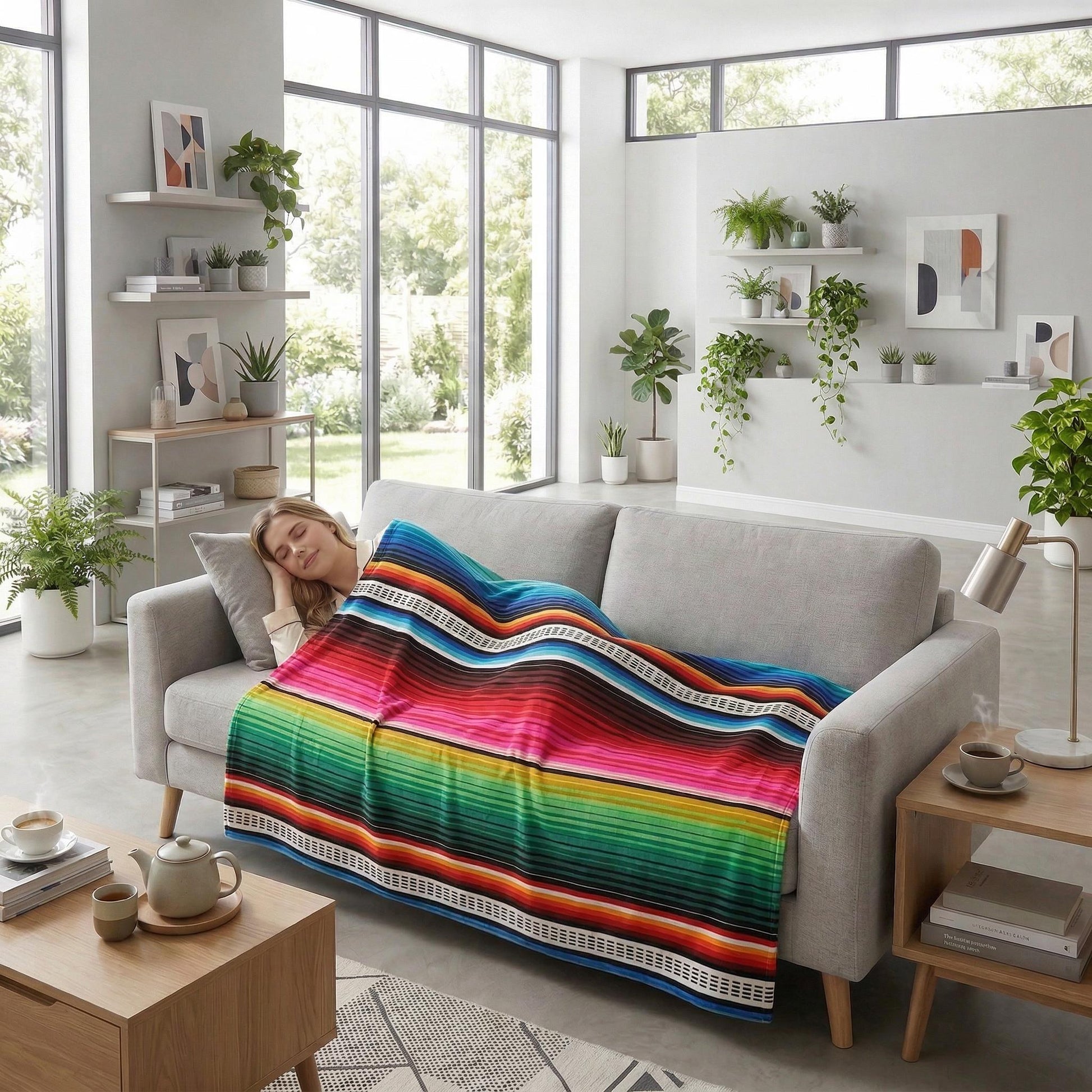 Woman sleeping on a gray sofa, covered by a vibrant multicolor striped flannel blanket.