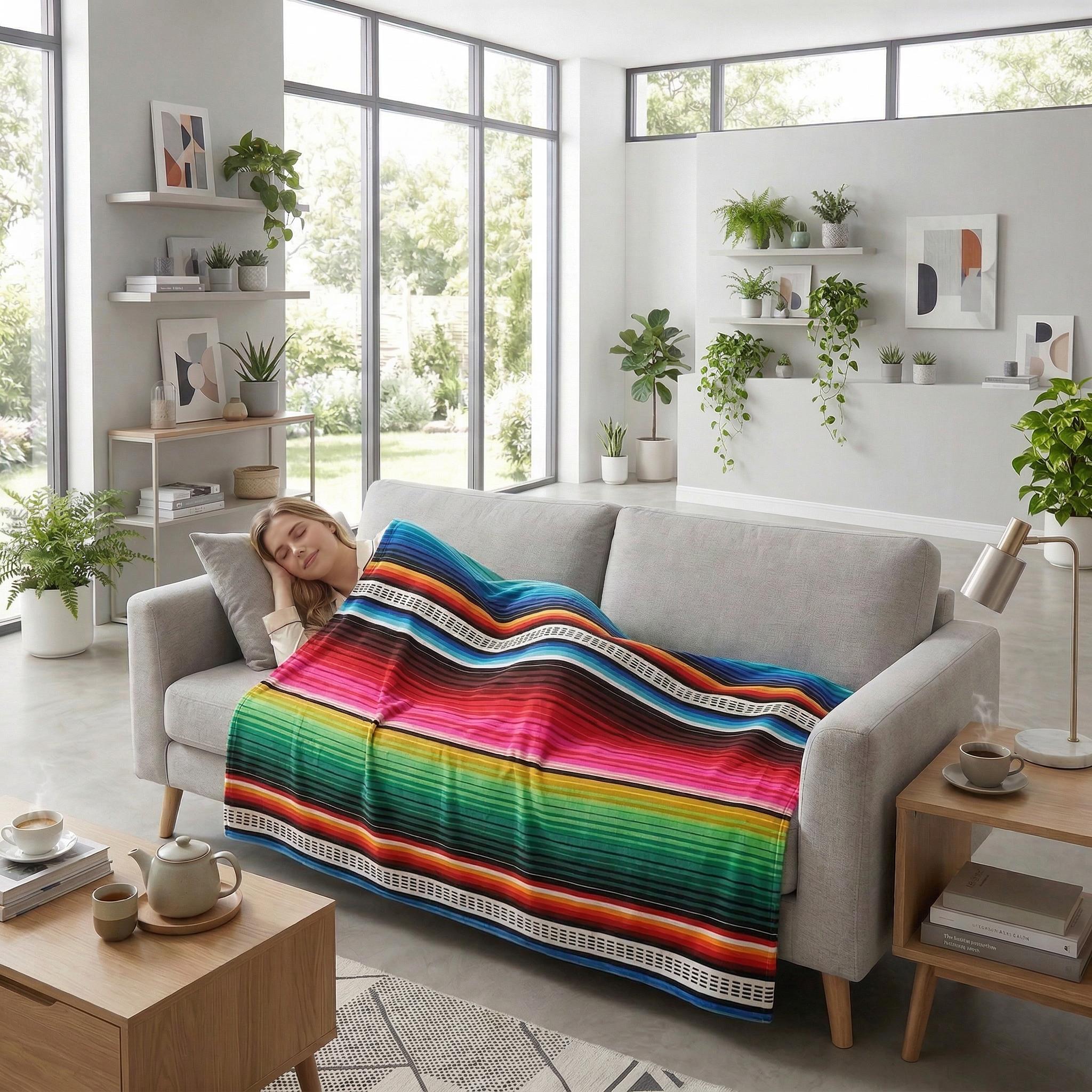 Woman sleeping on a gray sofa, covered by a vibrant multicolor striped flannel blanket.