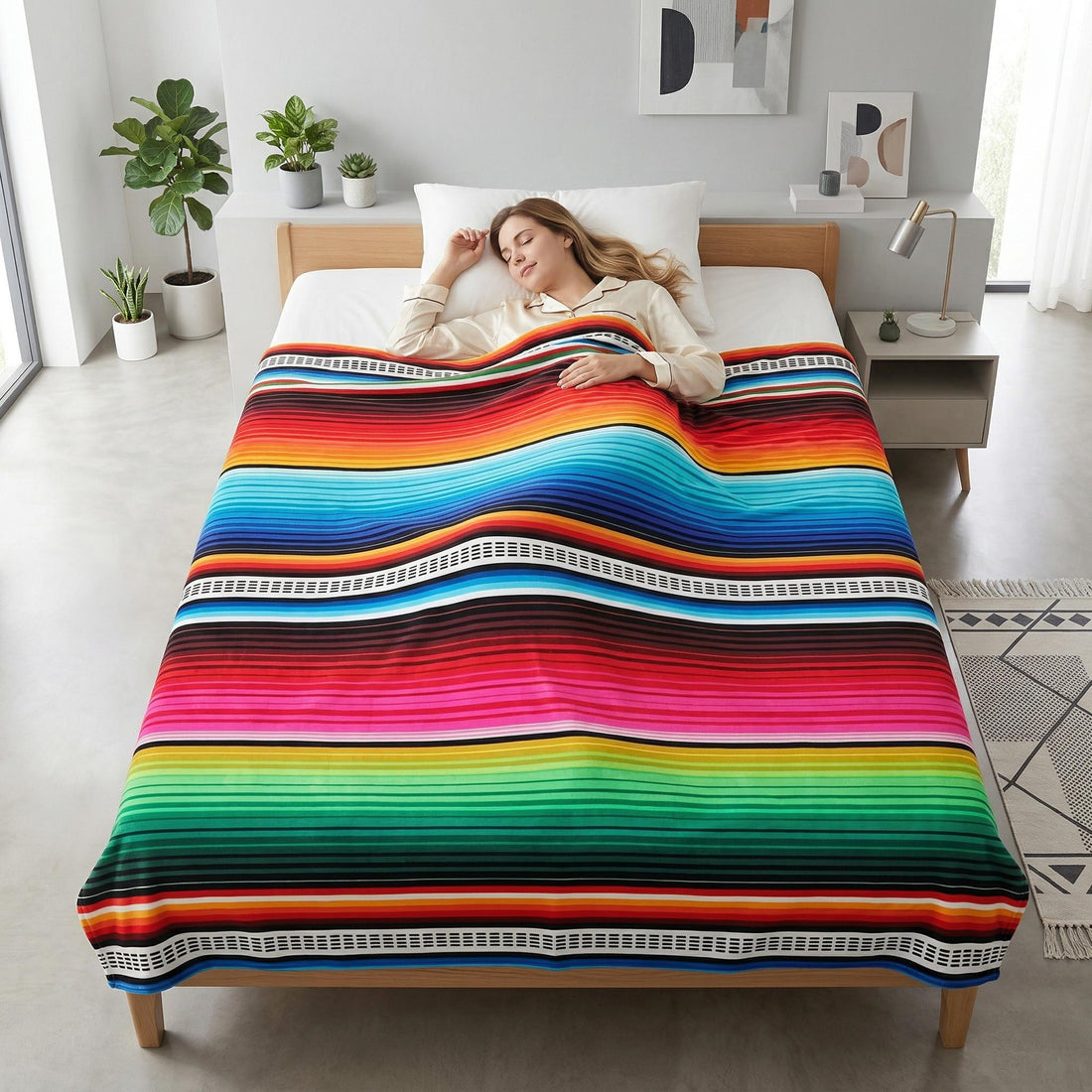 Woman sleeping soundly under a vibrant, multicolor striped flannel blanket on a light wood bed.