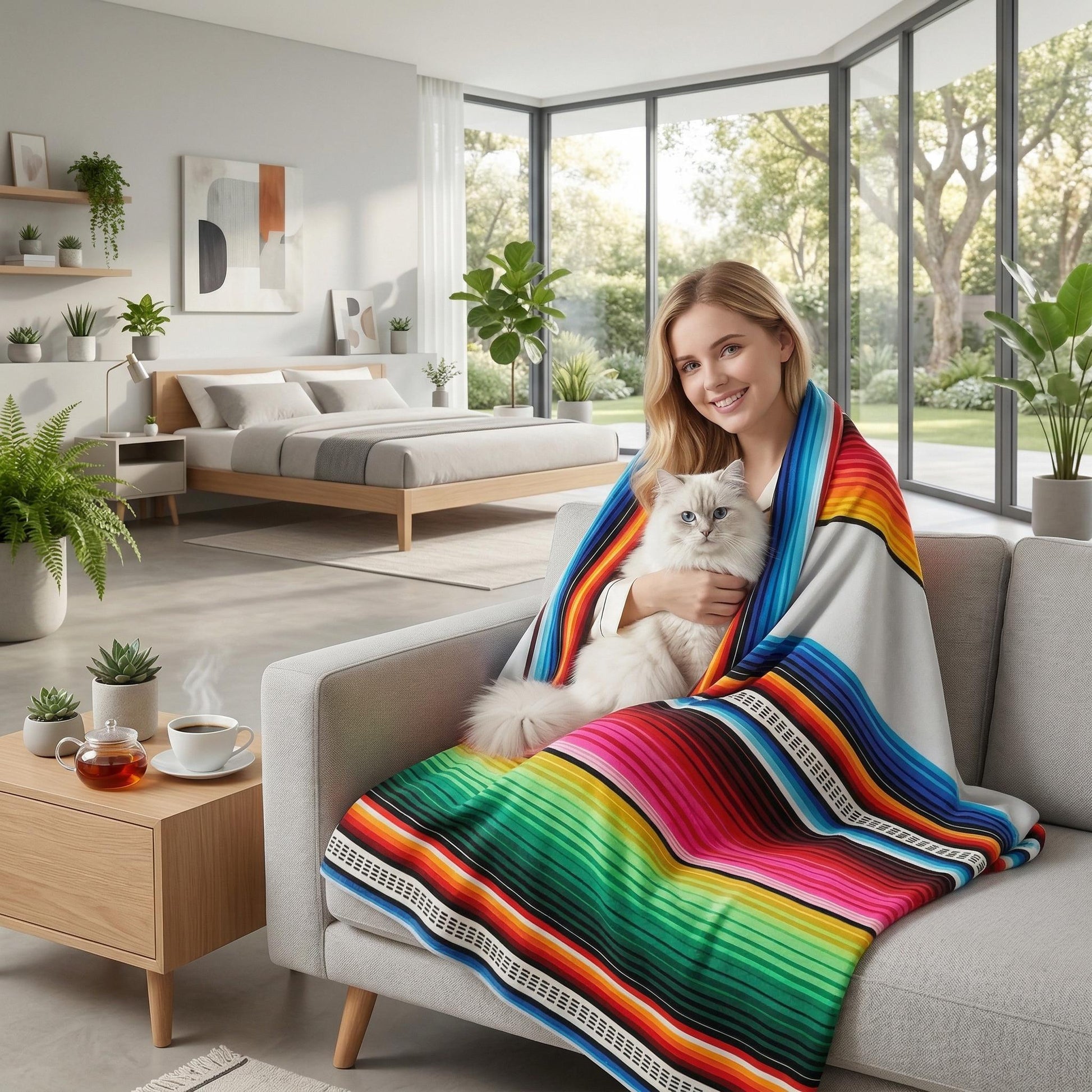 Smiling woman on a sofa, wrapped in a vibrant multicolor striped flannel blanket, holding a fluffy white cat.