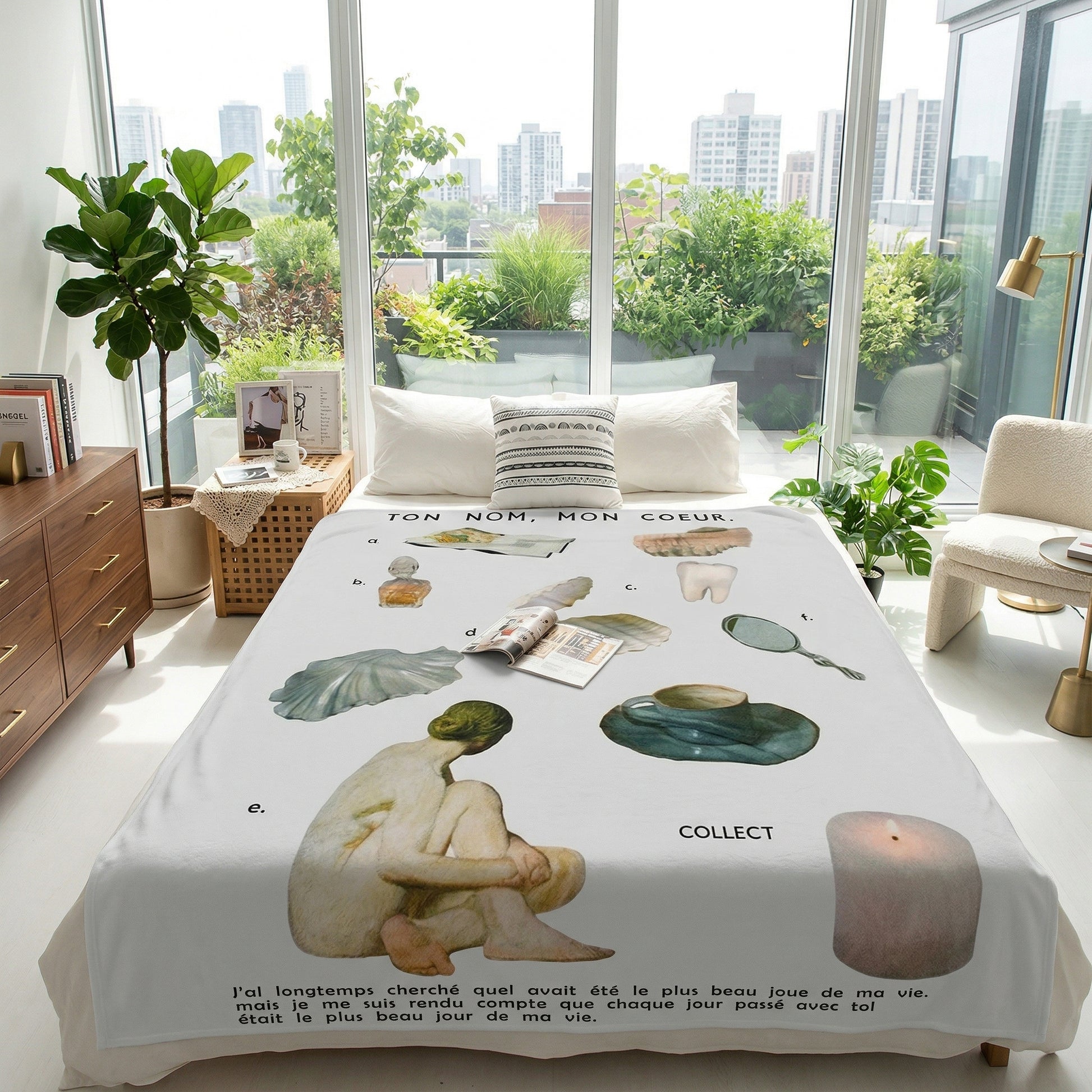 White Vikama Flannel Blanket with unique artistic print, featuring a nude figure, candle, and text, draped on a bed.