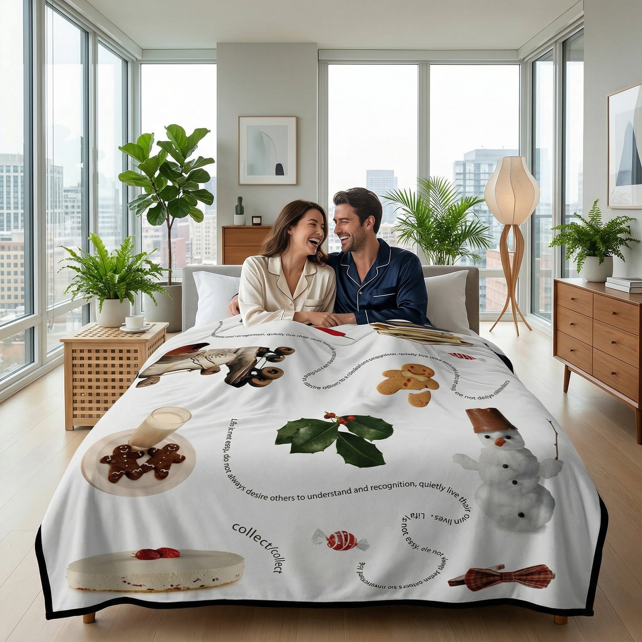 Couple laughing under a white Vikama flannel blanket with festive gingerbread, snowman, and cake designs.