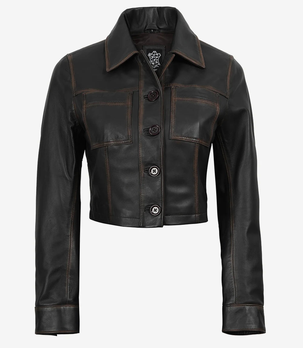 Vintage Brown Leather Jacket for Women with Cropped Fit-Leather Jackets-Glompi-Glompi