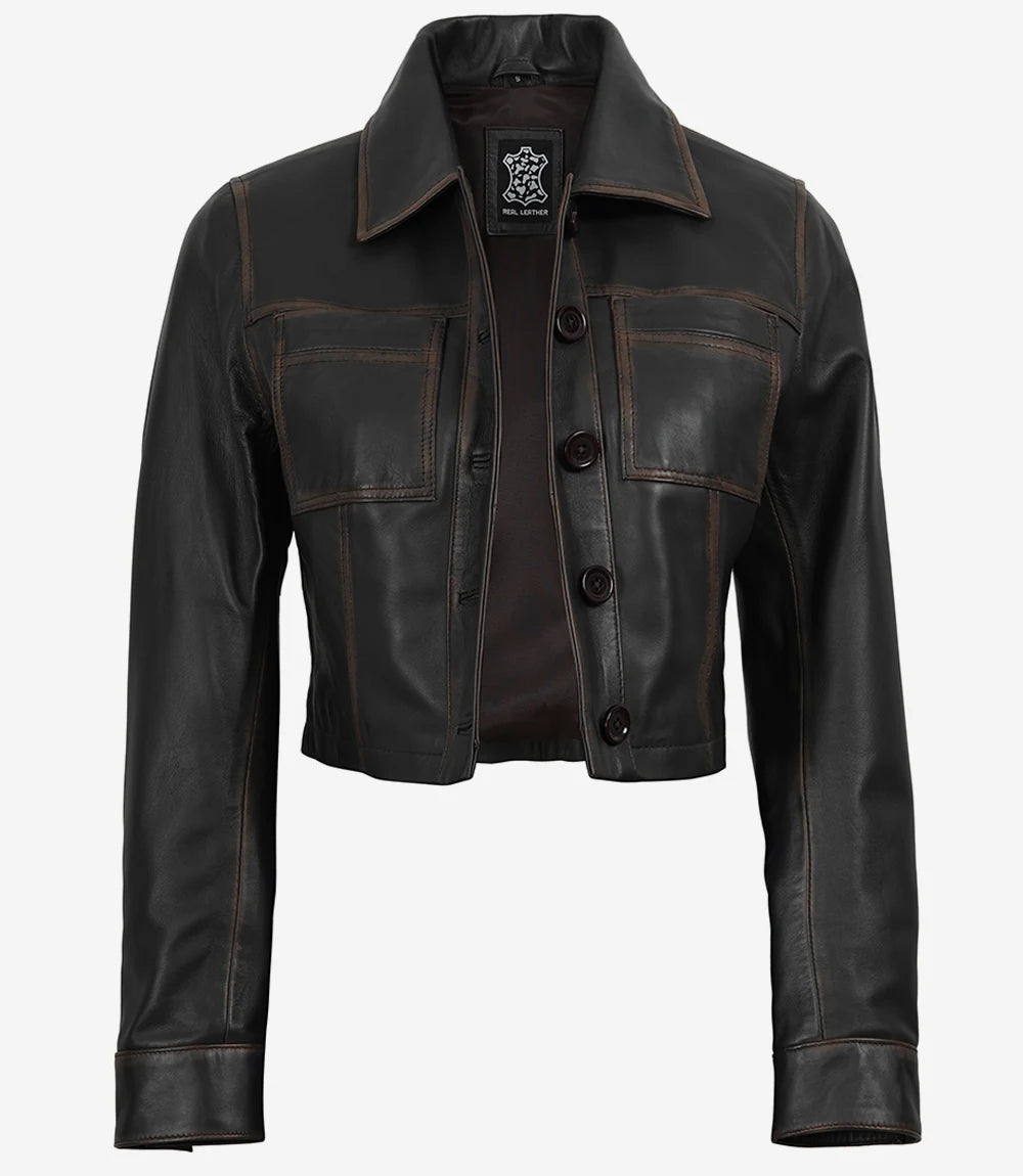 Vintage Brown Leather Jacket for Women with Cropped Fit-Leather Jackets-Glompi-Glompi