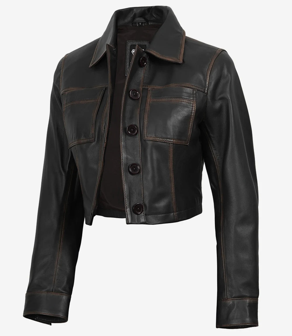 Vintage Brown Leather Jacket for Women with Cropped Fit-Leather Jackets-Glompi-XS-Glompi